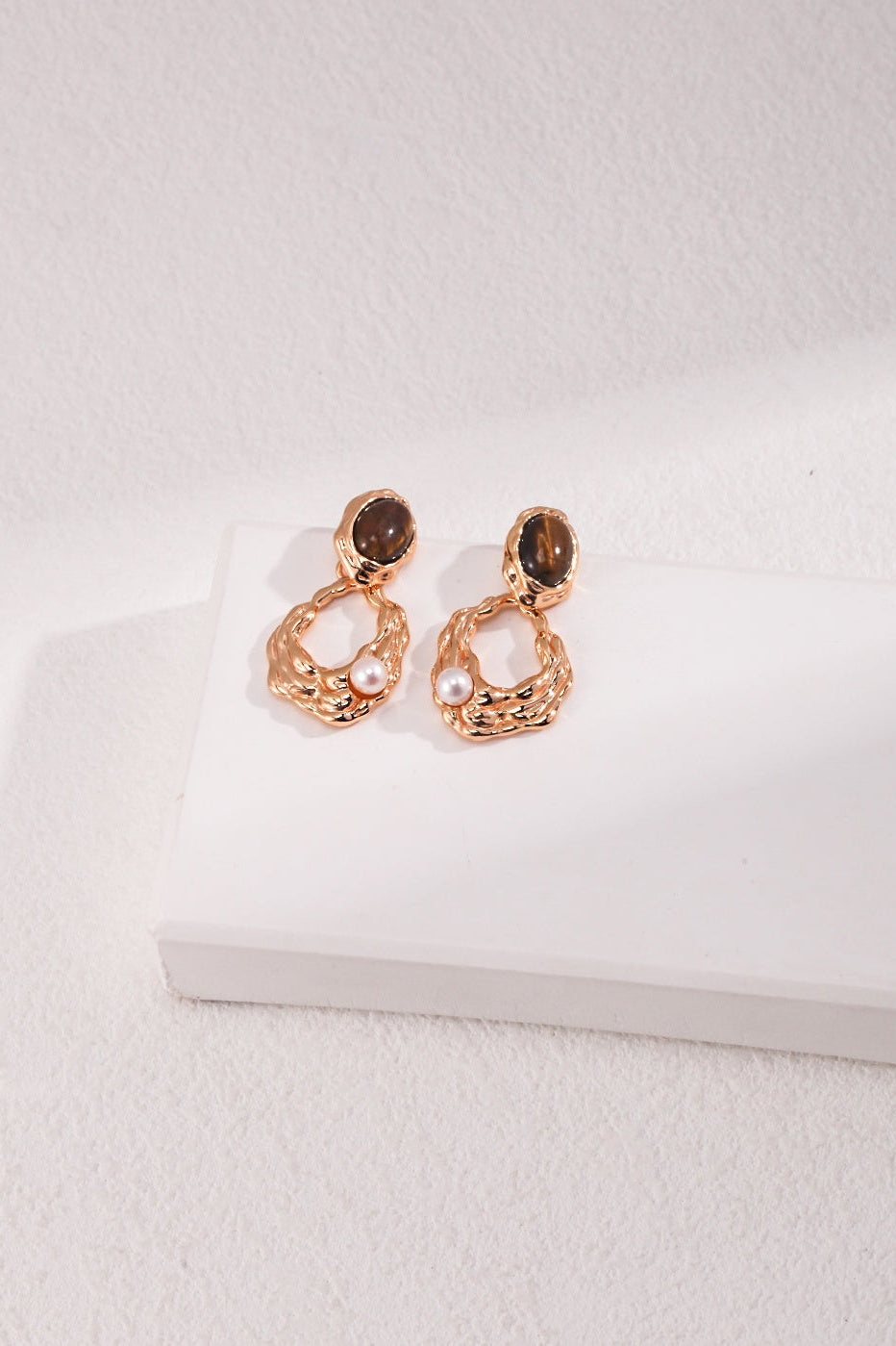 Tiger Eye Stone Pearl Irregular Wavy Hollow Gold Drop Earrings - OWNCI Tiger Eye Stone Pearl Irregular Wavy Hollow Gold Drop Earrings - OWNCI