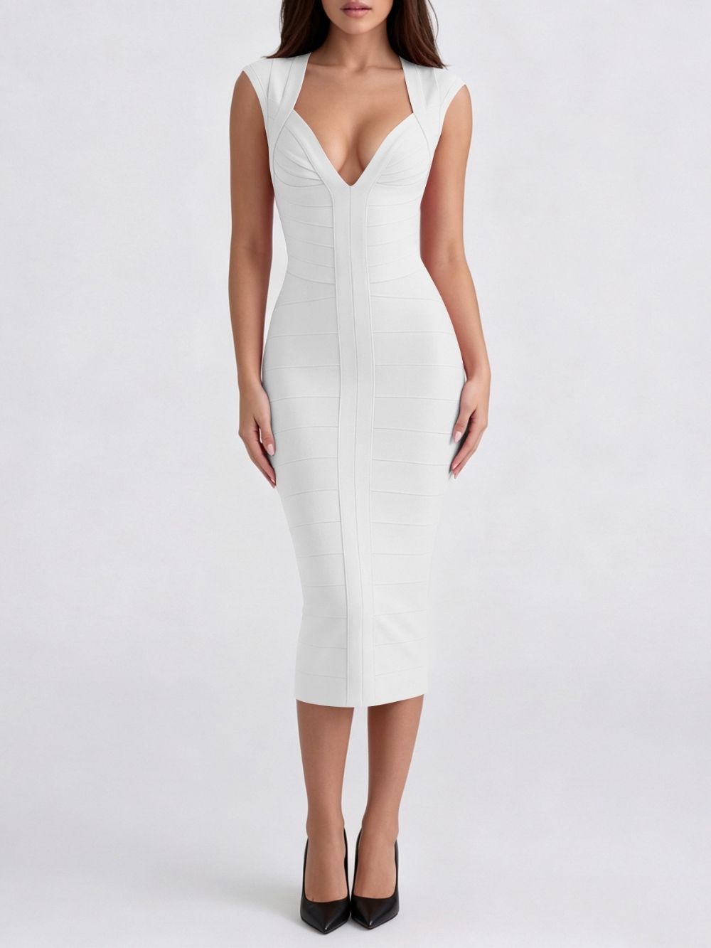 Marixa White V-Neck Bandage Midi Dress - OWNCI Marixa White V-Neck Bandage Midi Dress - OWNCI