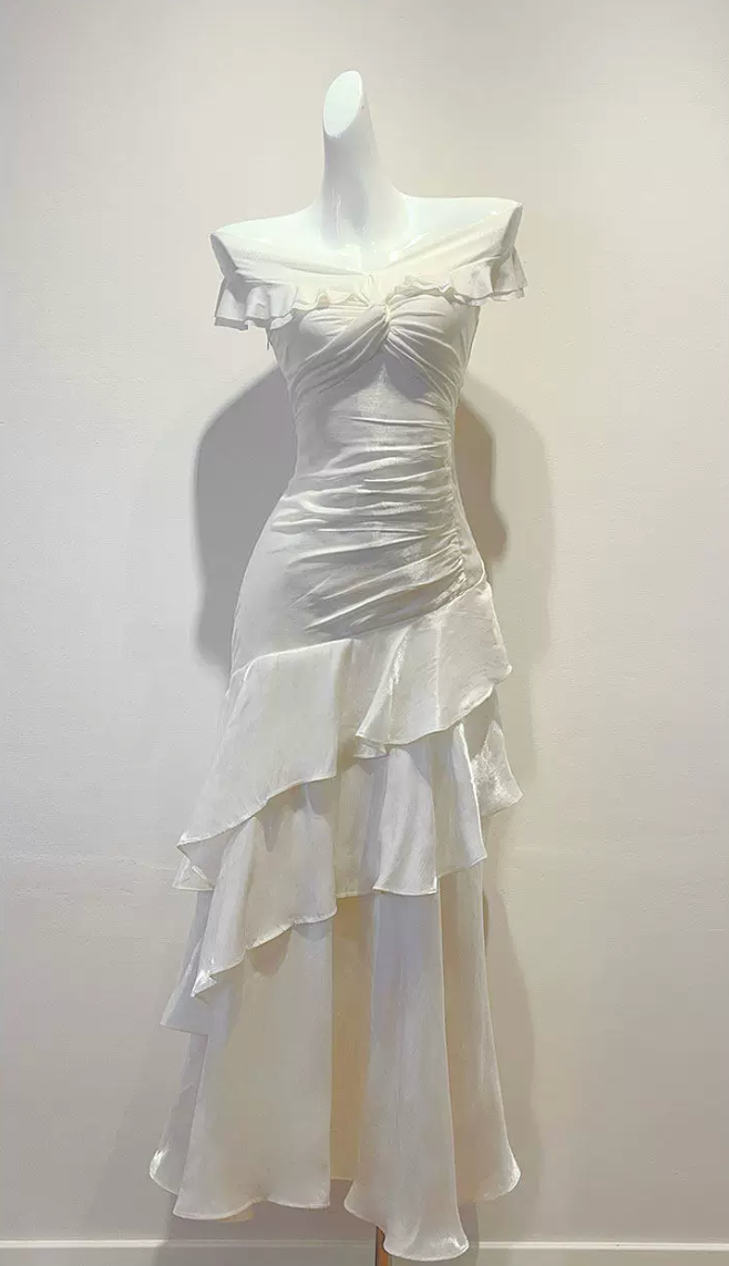 Off Shoulder Twist Ruched Tiered Ruffle Satin Maxi Dress - OWNCI Off Shoulder Twist Ruched Tiered Ruffle Satin Maxi Dress - OWNCI