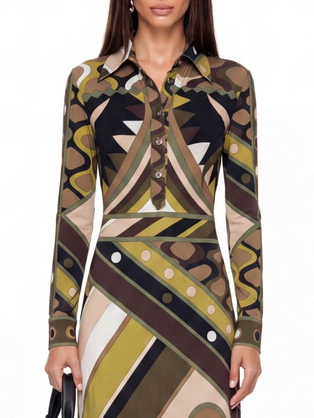 Hylora Folded Collar Geo Printed Maxi Dress - OWNCI Hylora Folded Collar Geo Printed Maxi Dress - OWNCI