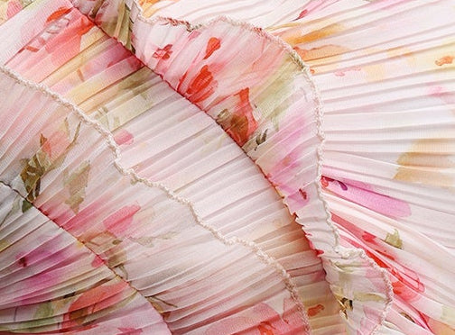 Pastel Pink Floral Pleated Halter Ruffle High Slit Maxi Dress - OWNCI