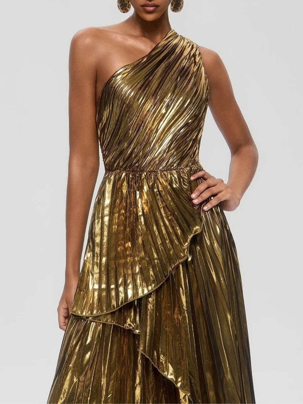2428f565956ef2e48134fe0873532231 Galena One Shoulder Pleated Metallic Dress