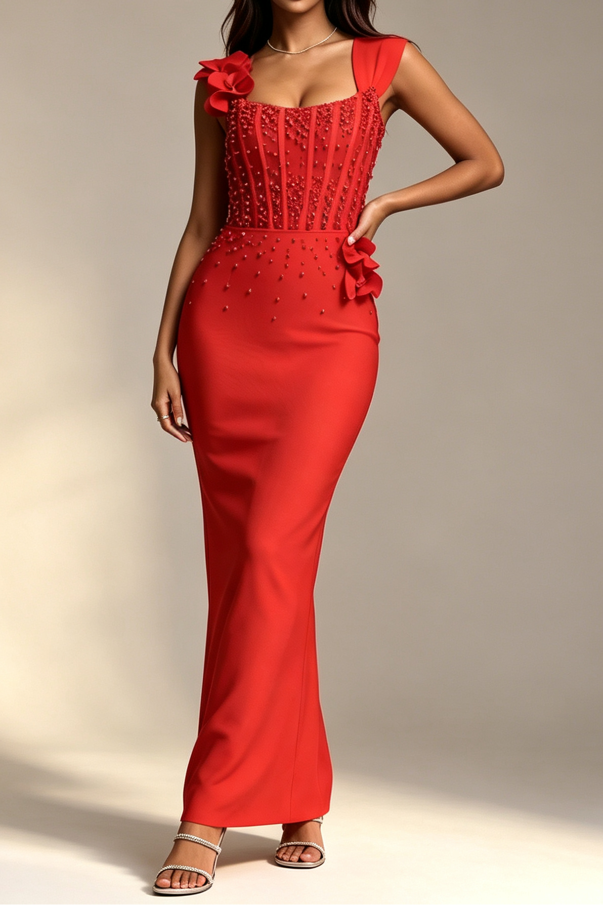 Red Square Neck Sleeveless Corset Beaded 3D Floral Bodycon Mermaid Maxi Dress - OWNCI Red Square Neck Sleeveless Corset Beaded 3D Floral Bodycon Mermaid Maxi Dress - OWNCI