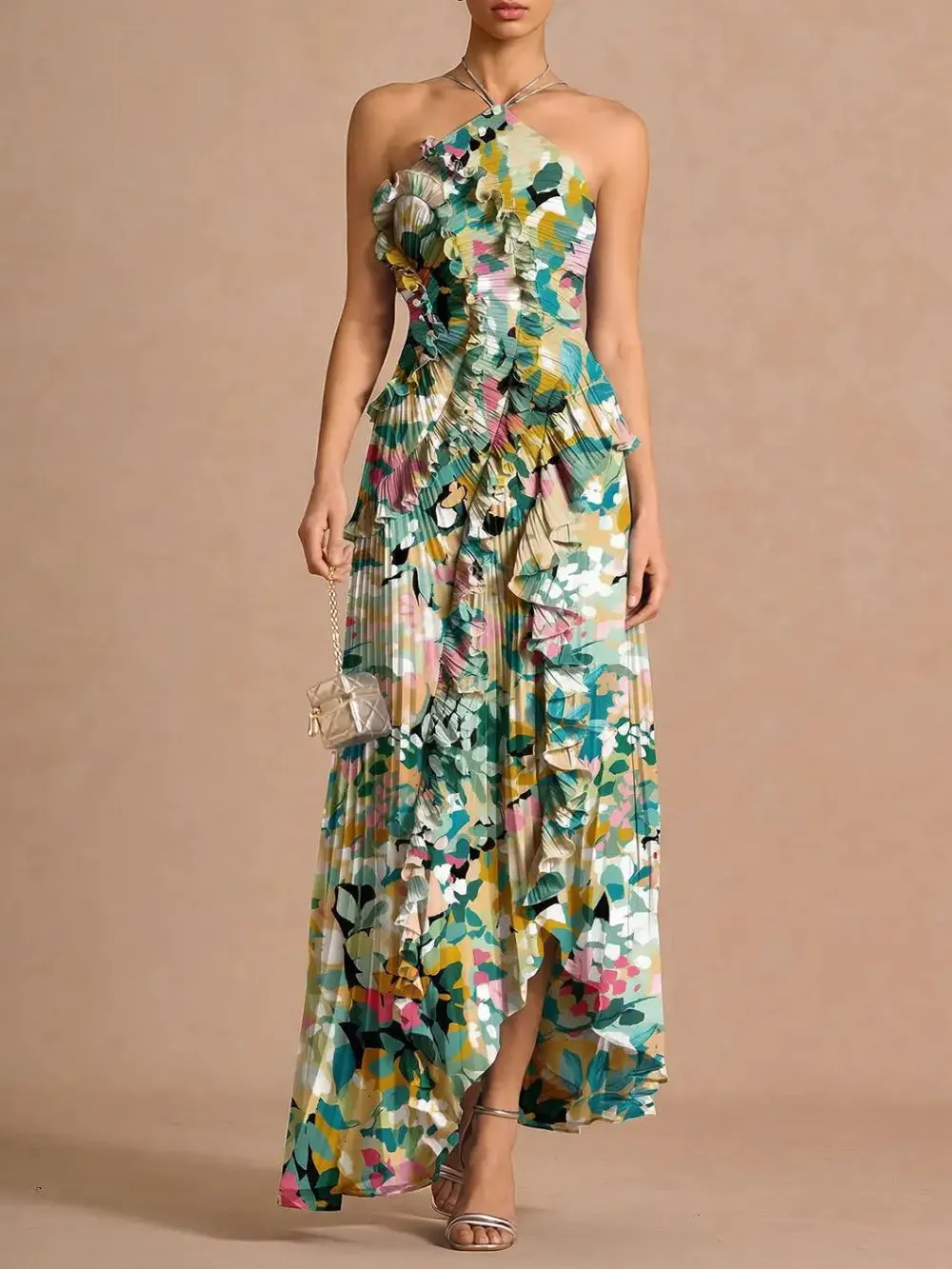 Finneas Peppermint Green Halter Pleated Maxi Dress - OWNCI