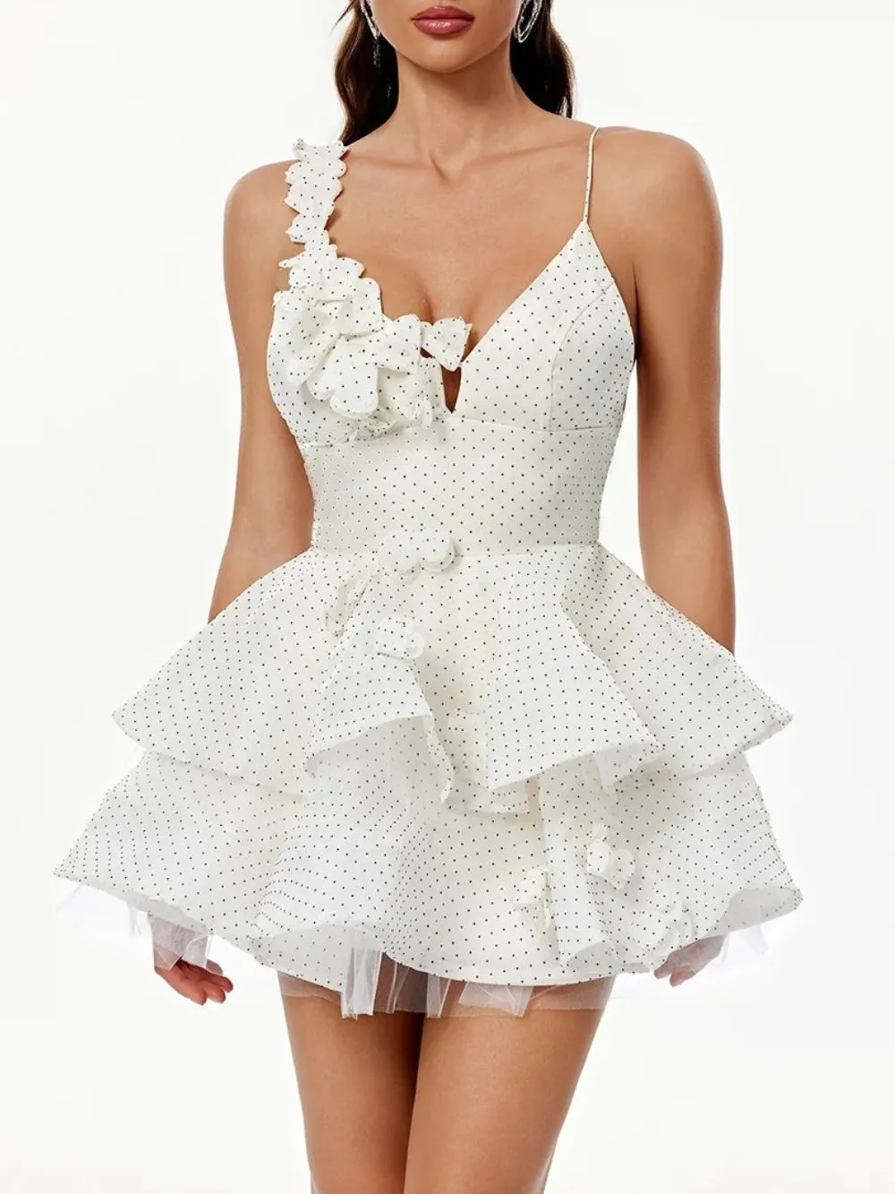 Xexis V Neck Tiered Dot Mini Dress In White - OWNCI Xexis V Neck Tiered Dot Mini Dress In White - OWNCI