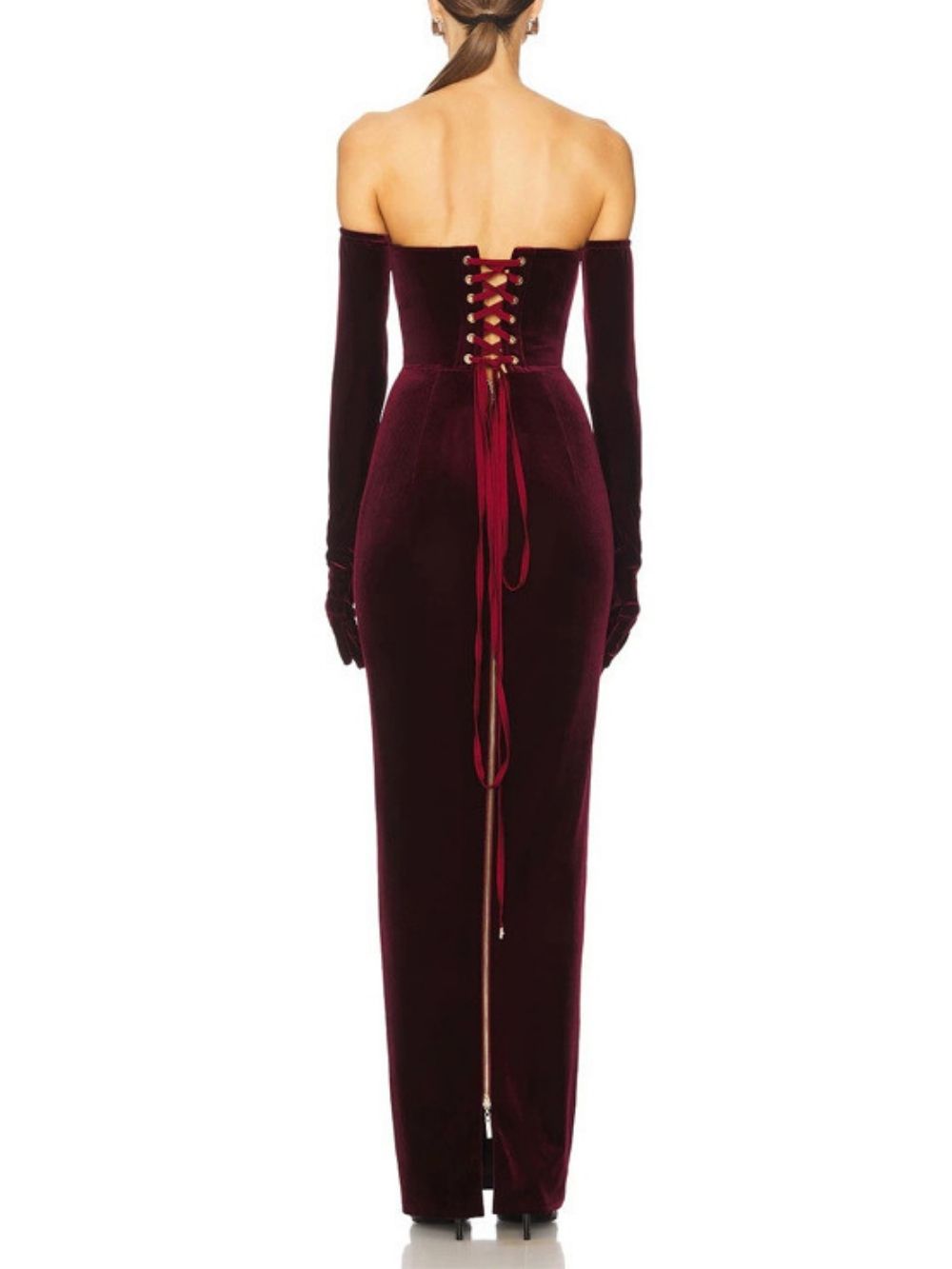 Maston Fuchsia Corset Velvet Maxi Dress With Gloves - OWNCI