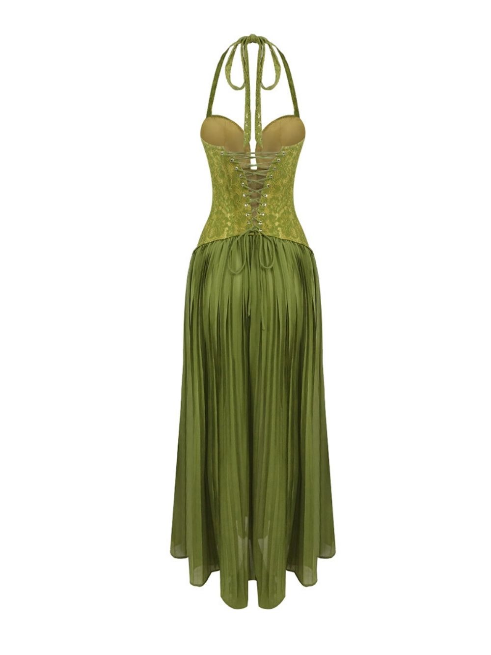 Marsali Green Halter Lace Pleated Maxi Dress - OWNCI Marsali Green Halter Lace Pleated Maxi Dress - OWNCI