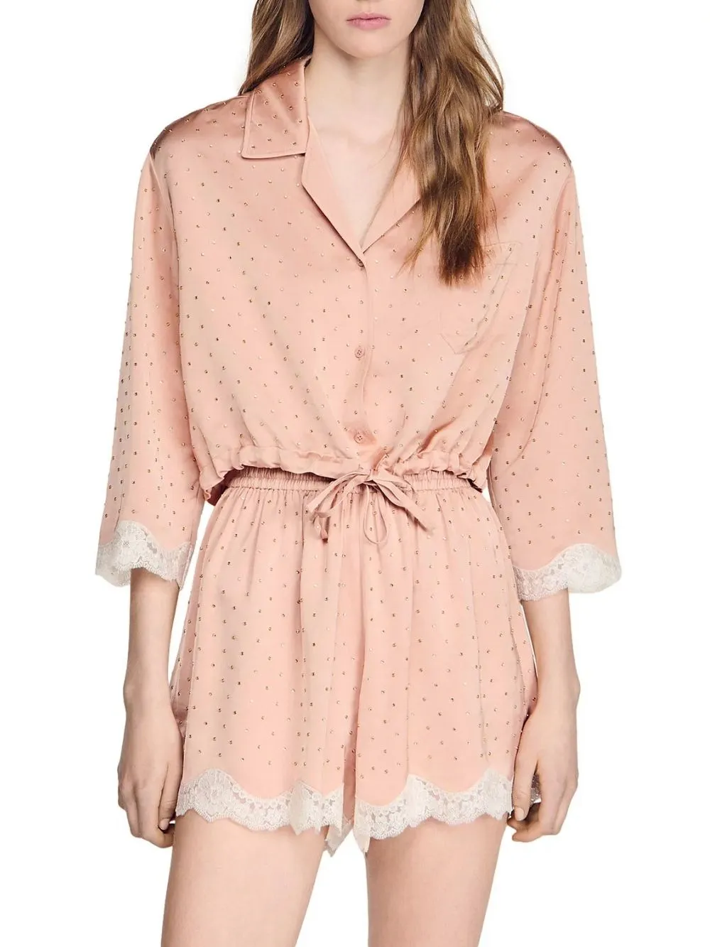 Rhinestone Embellished Tie Hem Shirt - OWNCI Rhinestone Embellished Tie Hem Shirt - OWNCI