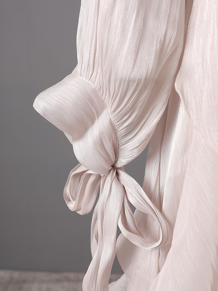 Champagne Shimmer Chiffon High Neck Tie Cuff Ruffled Maxi Gown - OWNCI Champagne Shimmer Chiffon High Neck Tie Cuff Ruffled Maxi Gown - OWNCI