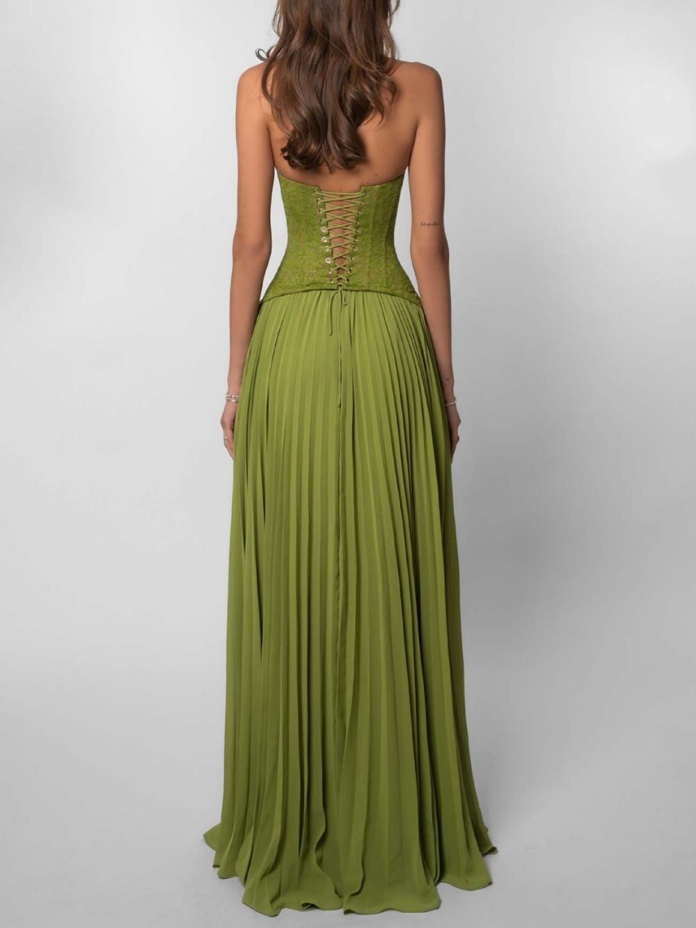 Marsali Green Halter Lace Pleated Maxi Dress - OWNCI