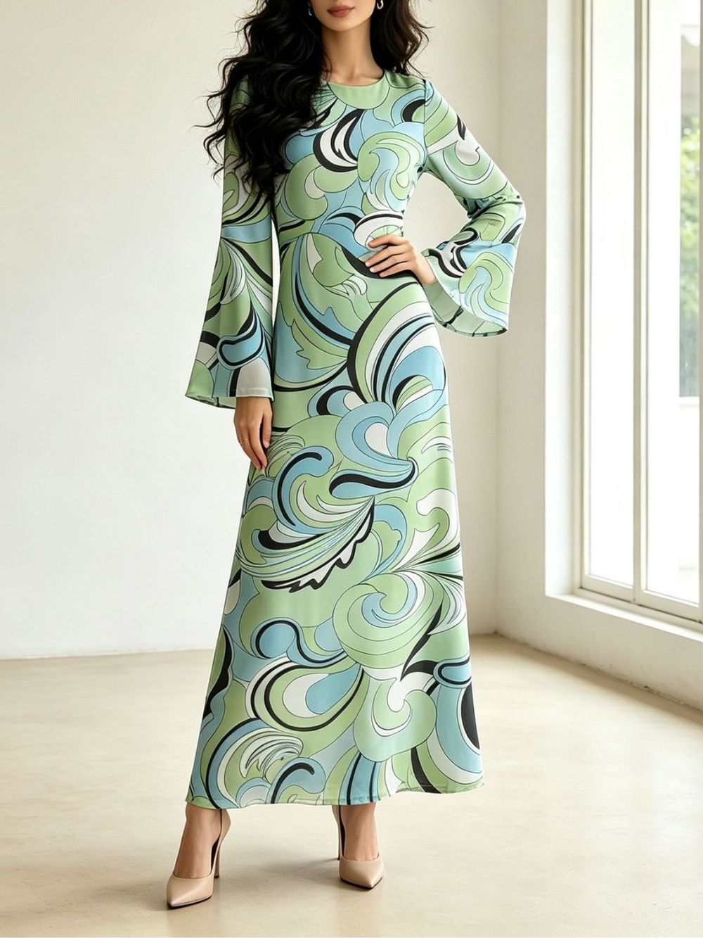 Maricela Green Long Sleeve Printed Maxi Dress - OWNCI Maricela Green Long Sleeve Printed Maxi Dress - OWNCI