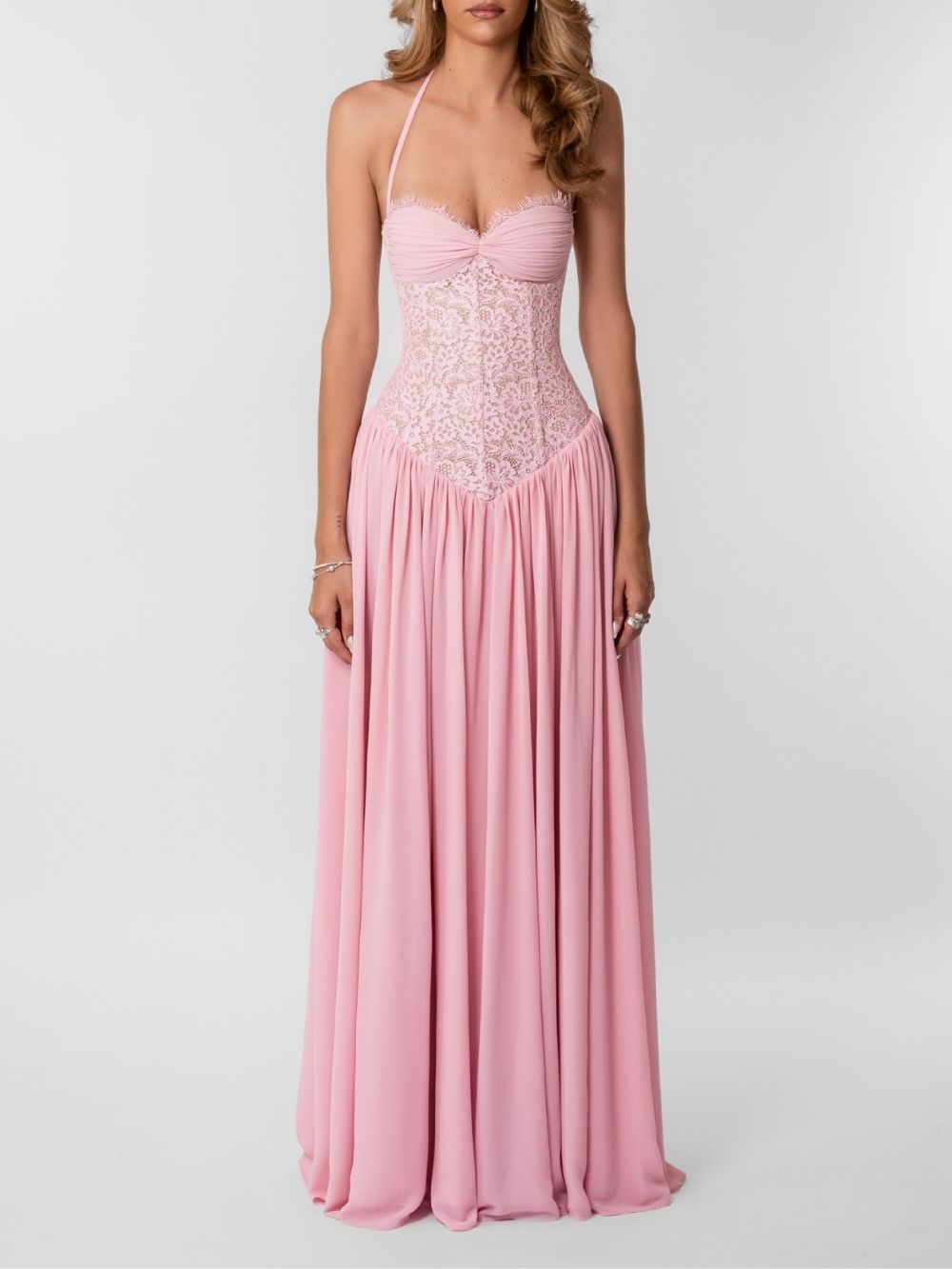 Masaaki Pink Halter Lace Maxi Dress - OWNCI Masaaki Pink Halter Lace Maxi Dress - OWNCI