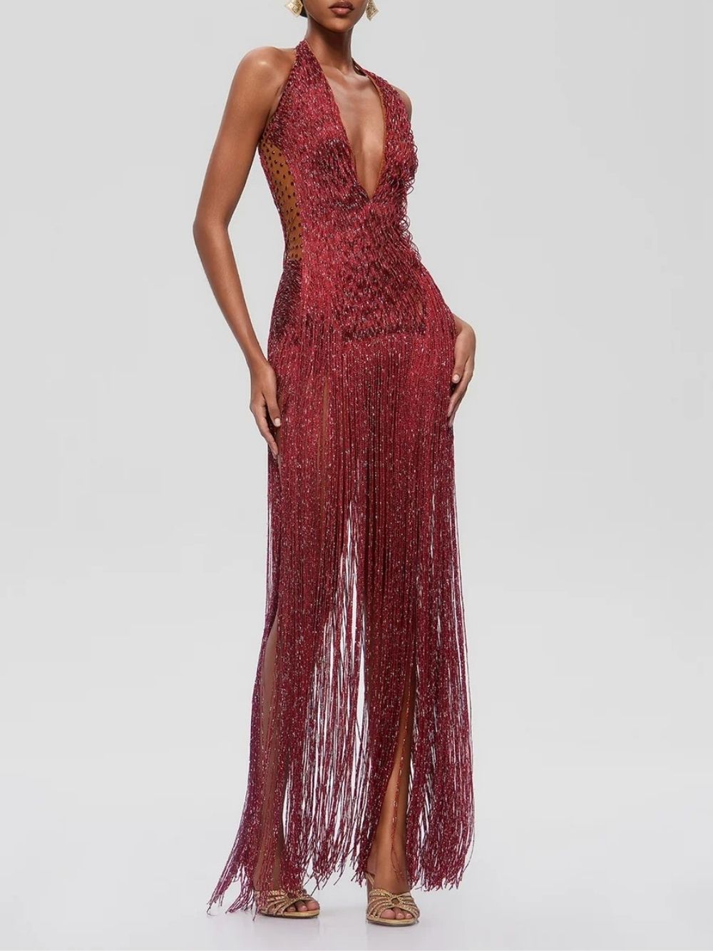 Grixel Plunge Neck Fringe Maxi Dress - OWNCI