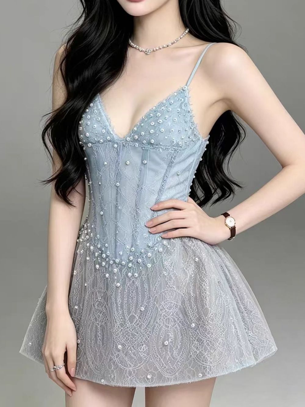 Manal Blue Spaghetti Beaded Corset Mini Dress - OWNCI