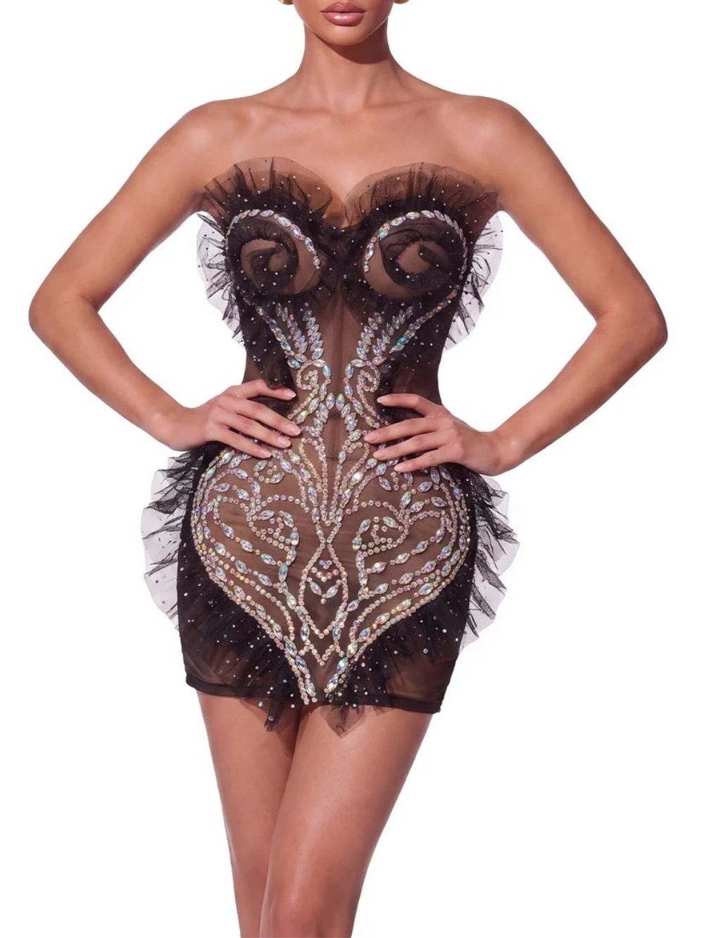 Xendril Strapless Crystal Mesh Mini Dress - OWNCI