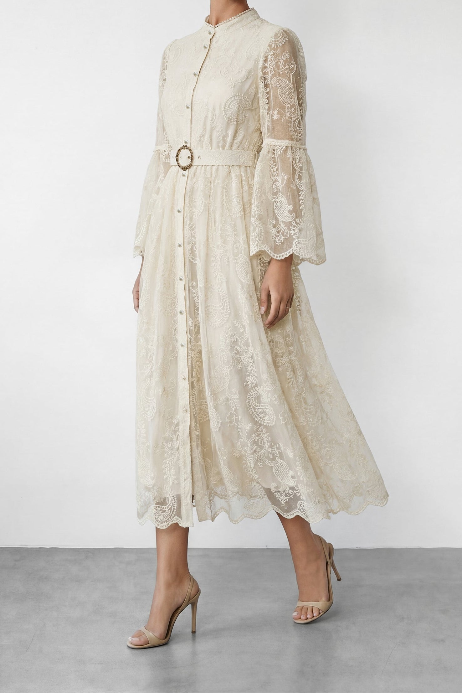 Cream Embroidery Lace Stand Collar Bell Sleeve Belted Midi Shirt Dress - OWNCI Cream Embroidery Lace Stand Collar Bell Sleeve Belted Midi Shirt Dress - OWNCI