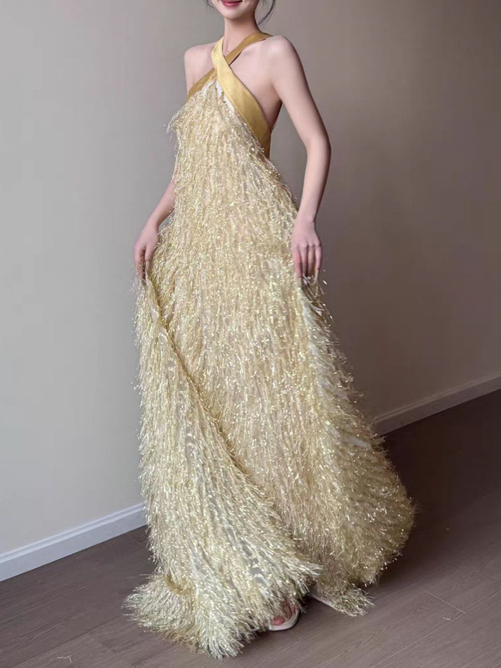 Martirio Gold Halter Maxi Dress - OWNCI Martirio Gold Halter Maxi Dress - OWNCI