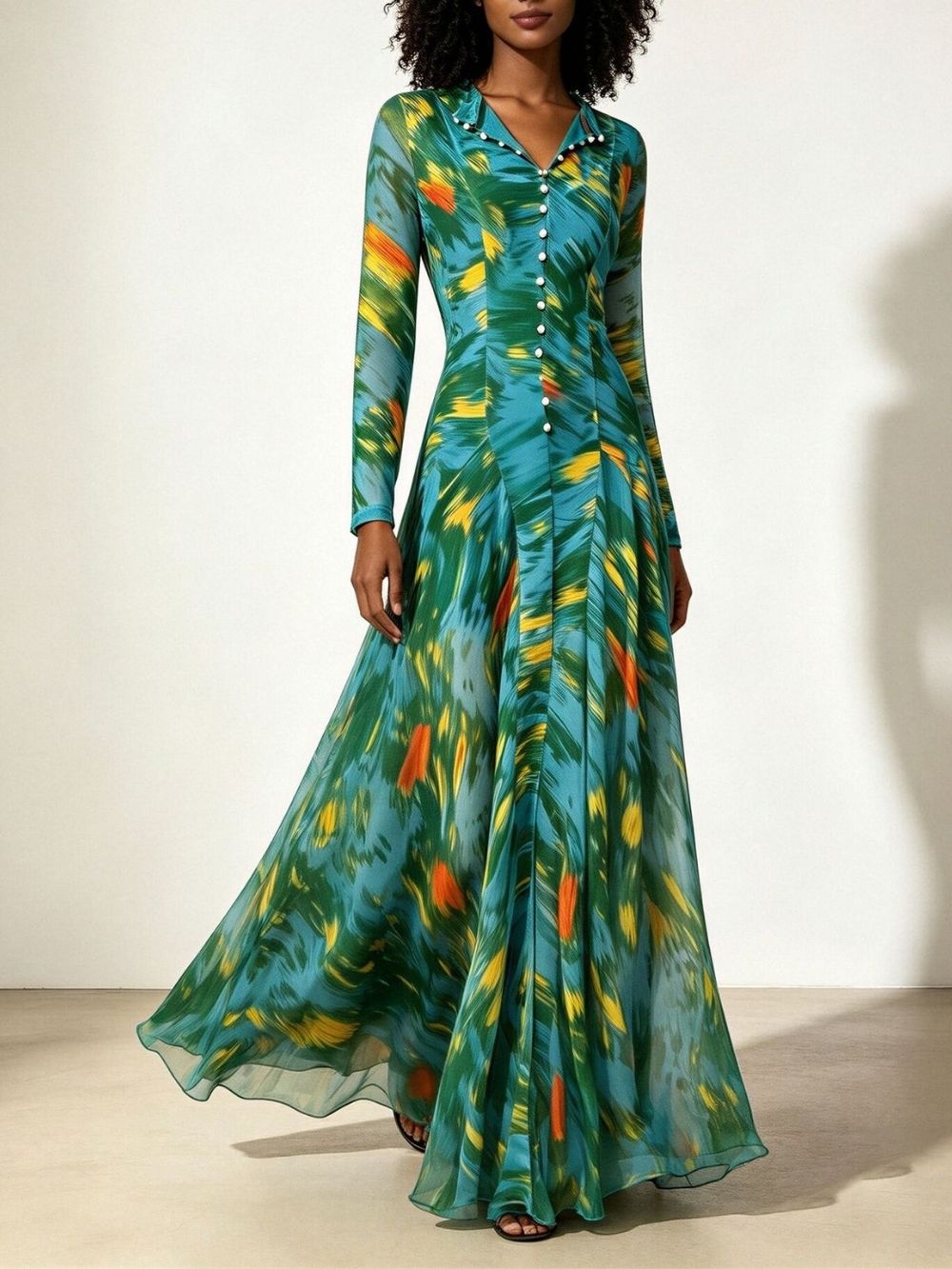 Maribeth Green Long Sleeve Printed Maxi Dress - OWNCI Maribeth Green Long Sleeve Printed Maxi Dress - OWNCI