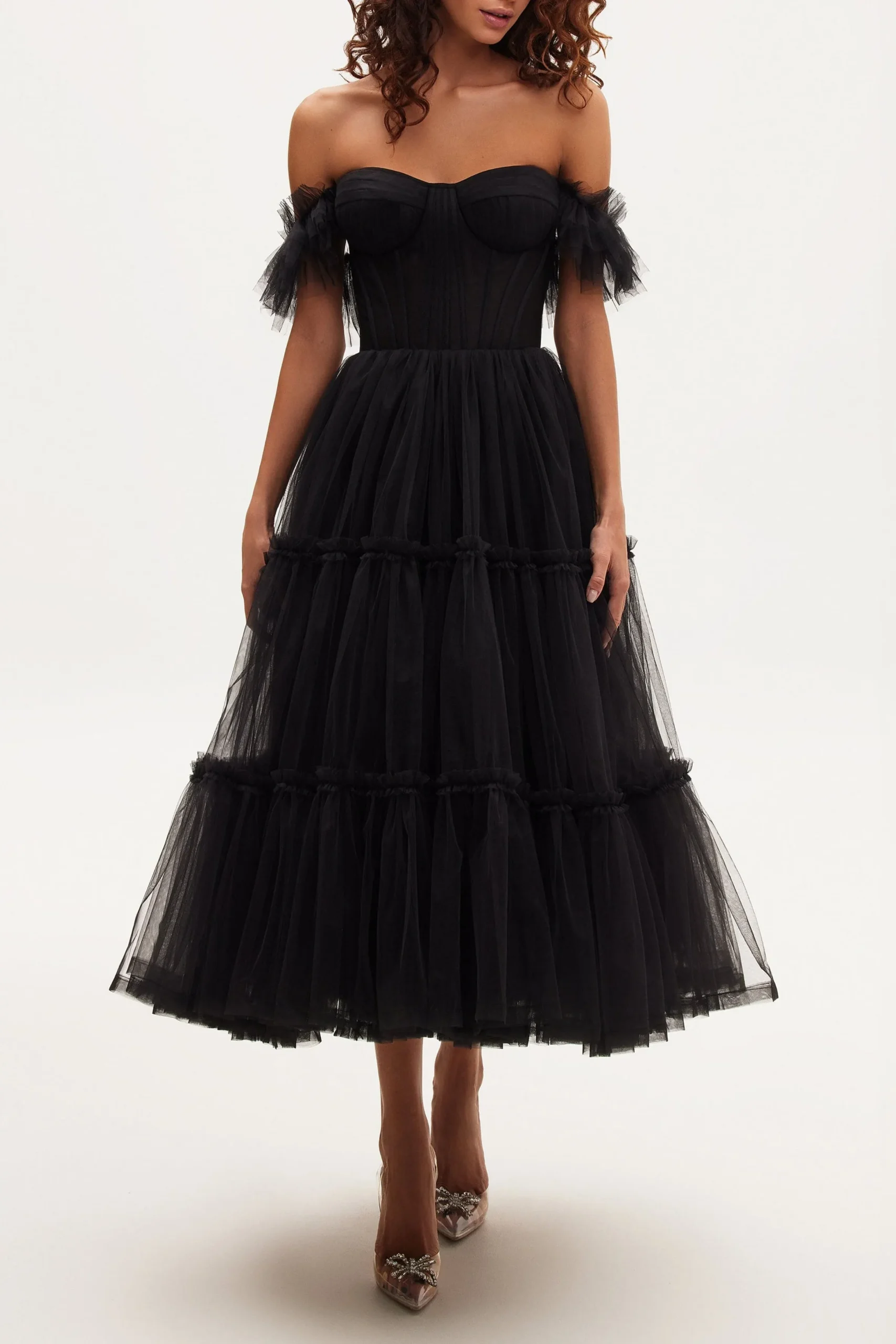 2e131f6cd555eba149e95a8ee4e05c31 Black Ruffled Tulle Midi Dress