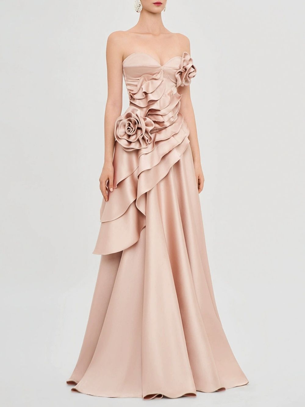 2e2550711334533aac308ec3eb42da71 Margielyn Strapless Flower Ruffle Satin Maxi Dress