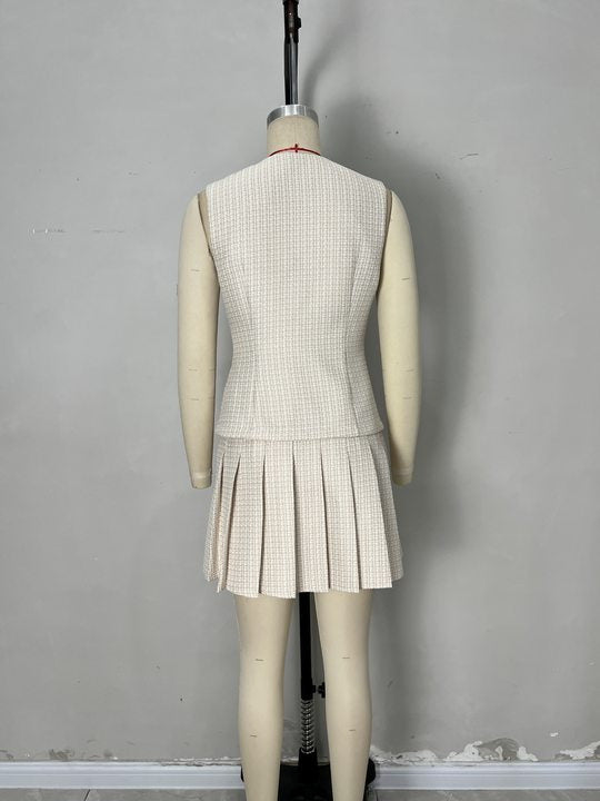 Cream Tweed Round Neck Sleeveless Contrast Trim Vest & Pleated Mini Skirt Two-Piece Set - OWNCI Cream Tweed Round Neck Sleeveless Contrast Trim Vest & Pleated Mini Skirt Two-Piece Set - OWNCI