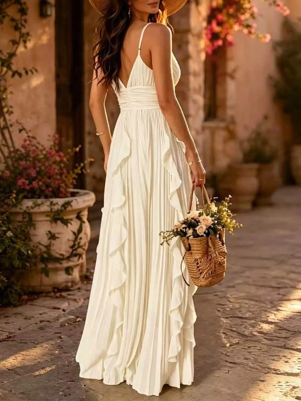 Marvene Spaghetti V-Neck Ruffle Pleated Maxi Dress - OWNCI