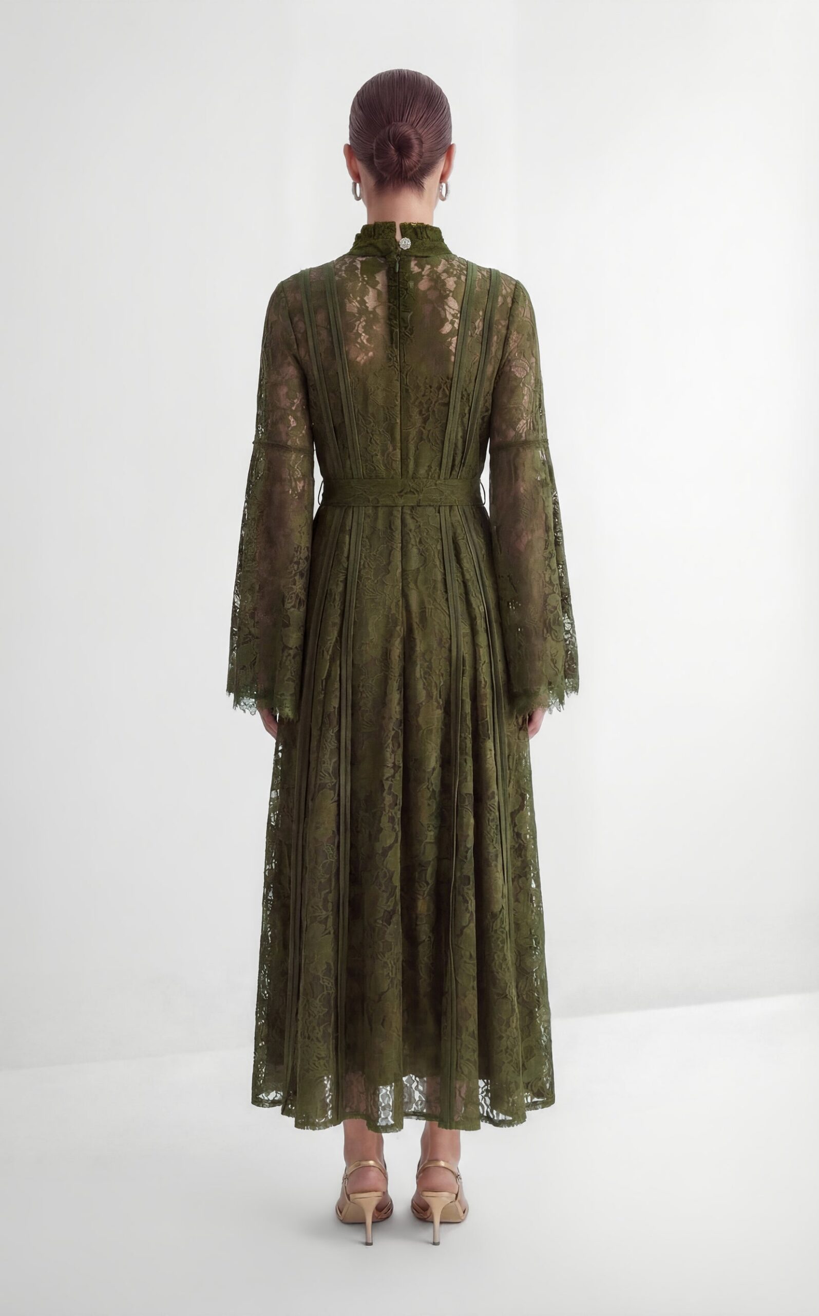 Olive Green Floral Lace High Neck Bell Sleeve Self-Tie Waist Maxi Dress - OWNCI