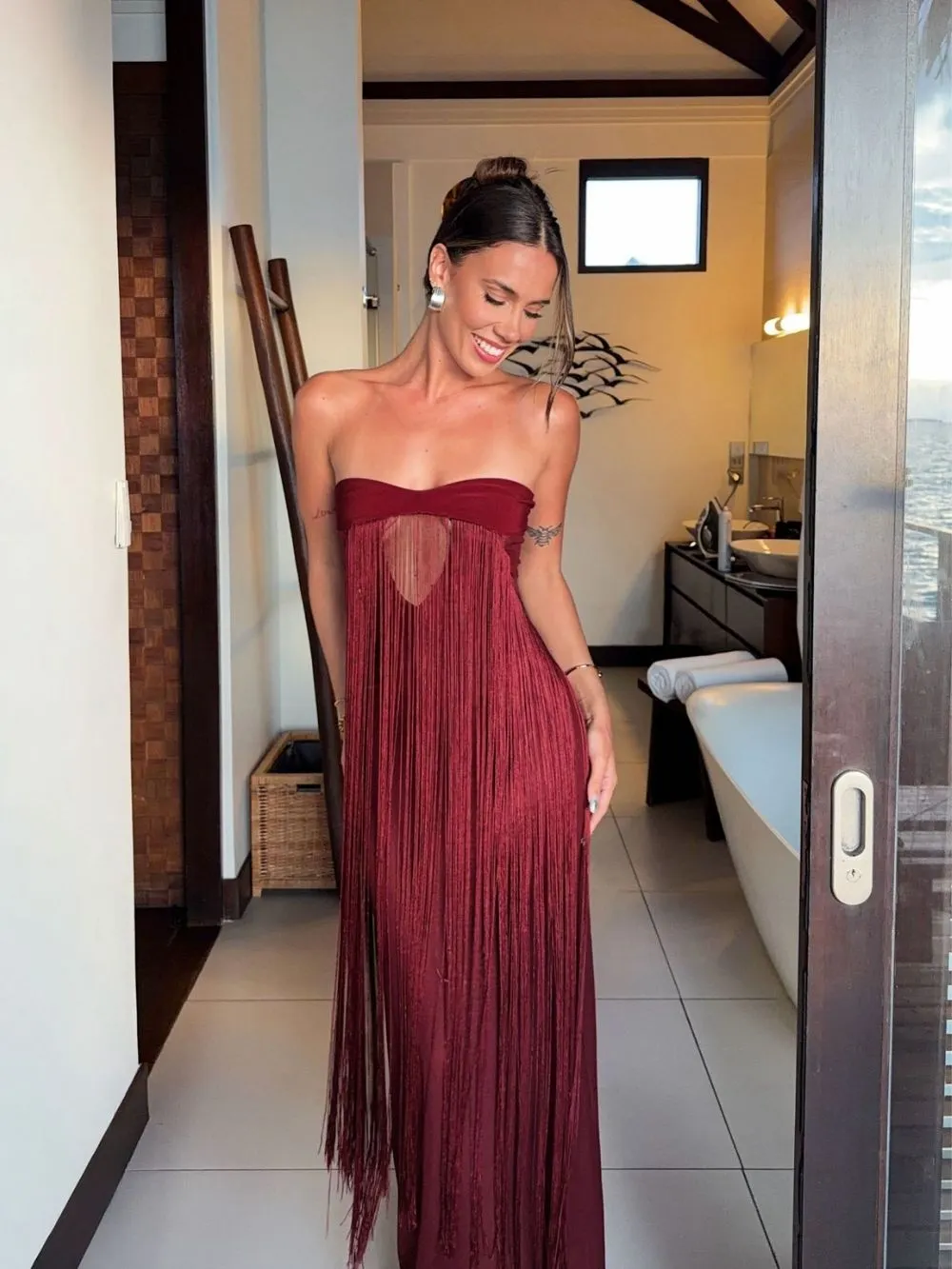Maritta Wine Strapless Tassel Maxi Dress - OWNCI