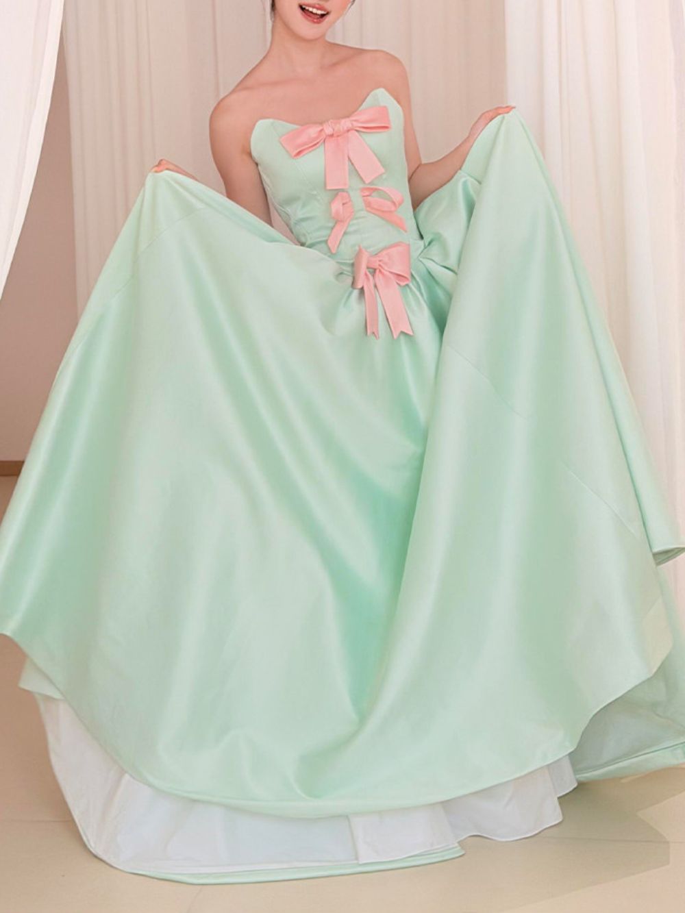 Masood Green Strapless Bow Maxi Dress - OWNCI