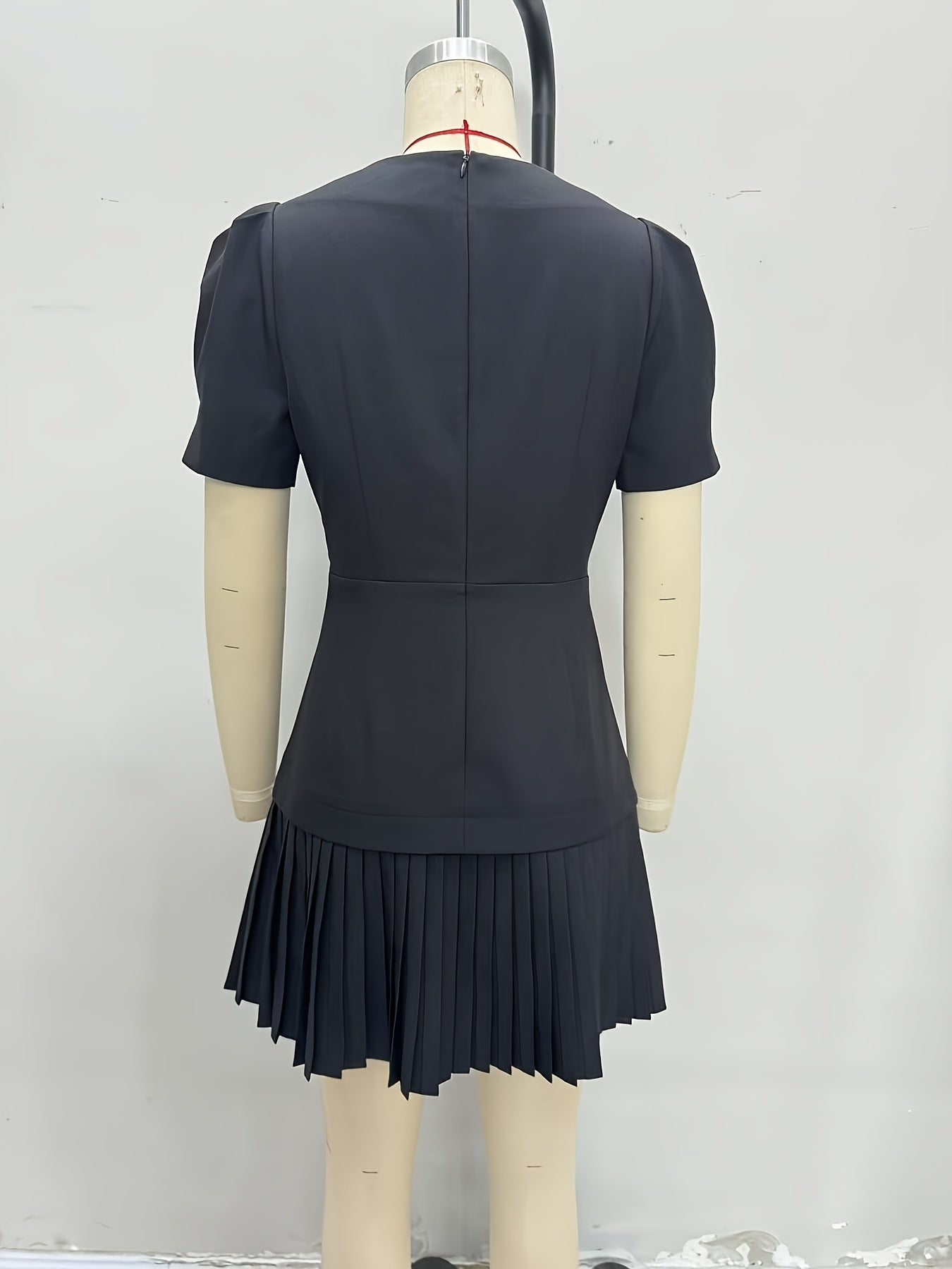 Black Sweetheart Square Neck Rhinestone Button Puff Sleeve Pleated Mini Dress - OWNCI