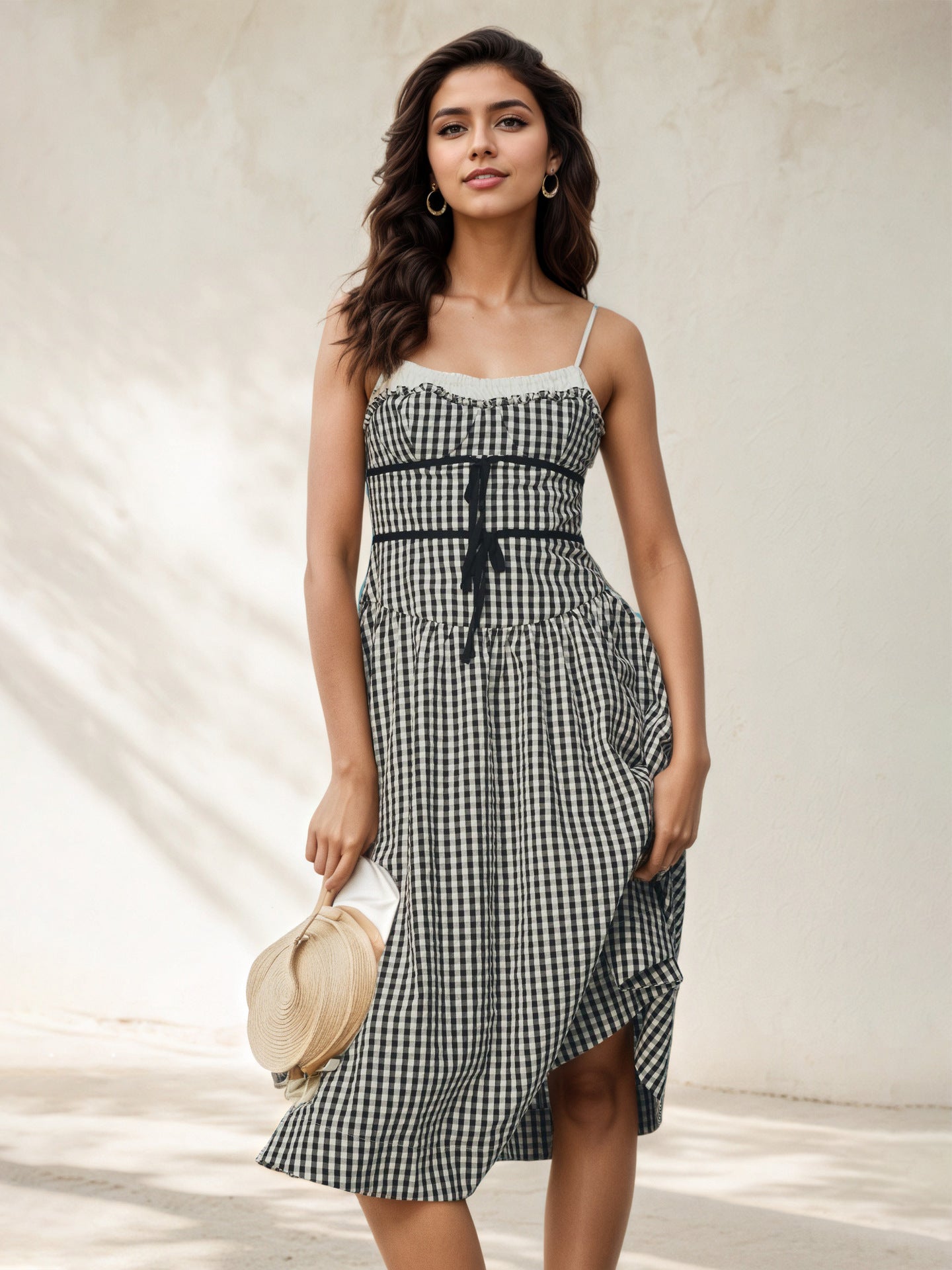 Black White Gingham Ruffle Cami Self-Tie Waist Flowy Midi Dress - OWNCI Black White Gingham Ruffle Cami Self-Tie Waist Flowy Midi Dress - OWNCI