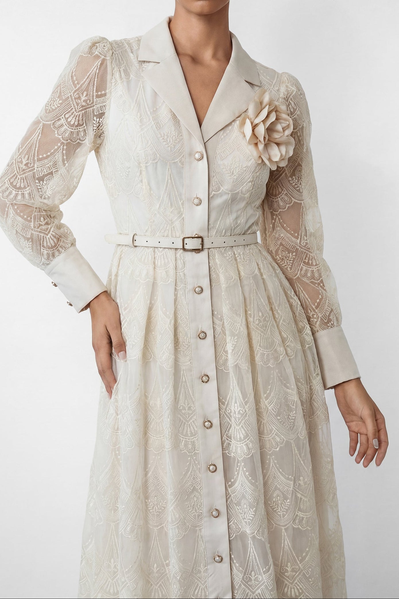 Cream Embroidery Lapel Long Sleeve Belted Midi Shirt Dress With 3D Rose Brooch - OWNCI Cream Embroidery Lapel Long Sleeve Belted Midi Shirt Dress With 3D Rose Brooch - OWNCI