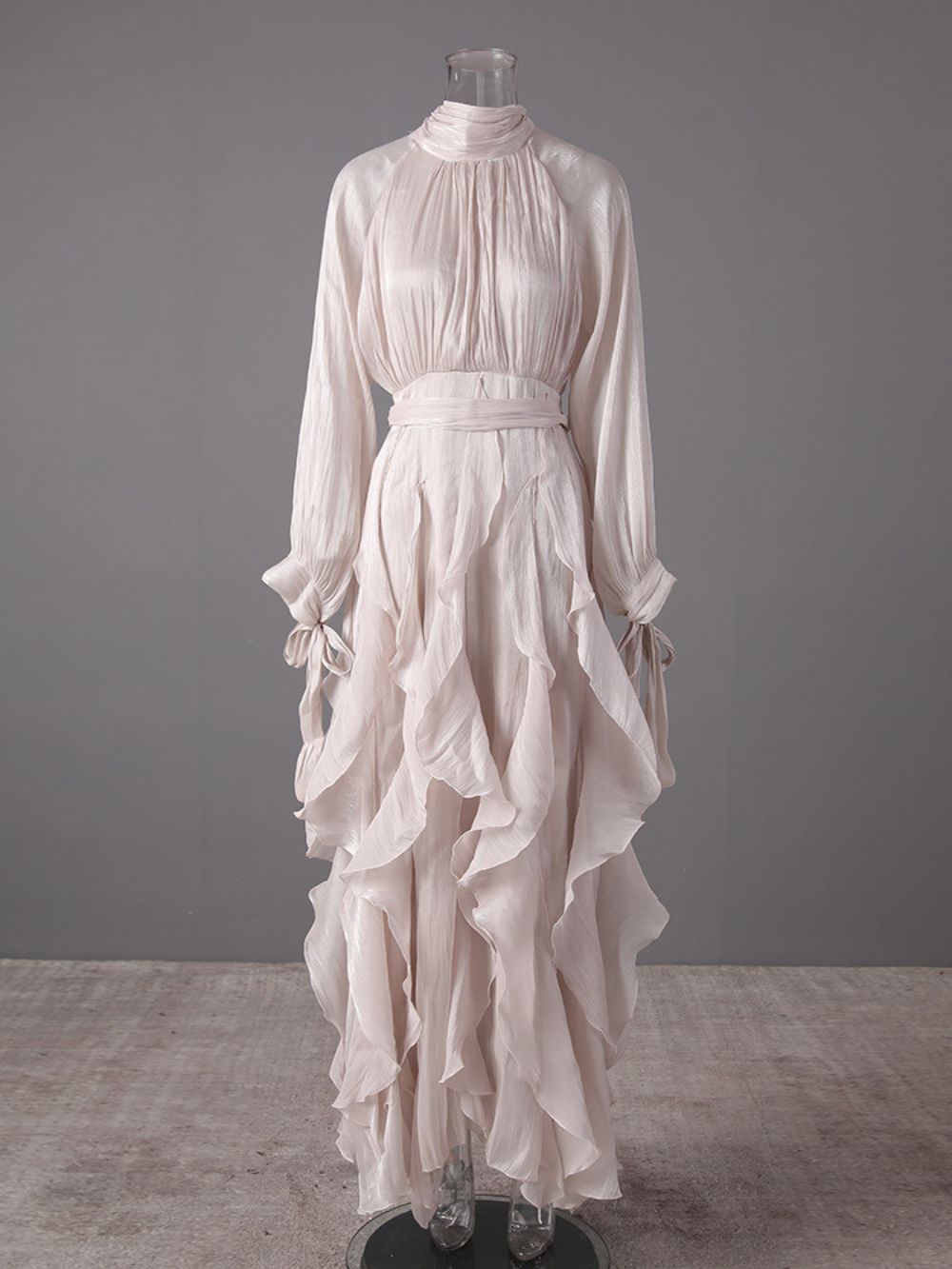 Champagne Shimmer Chiffon High Neck Tie Cuff Ruffled Maxi Gown - OWNCI Champagne Shimmer Chiffon High Neck Tie Cuff Ruffled Maxi Gown - OWNCI