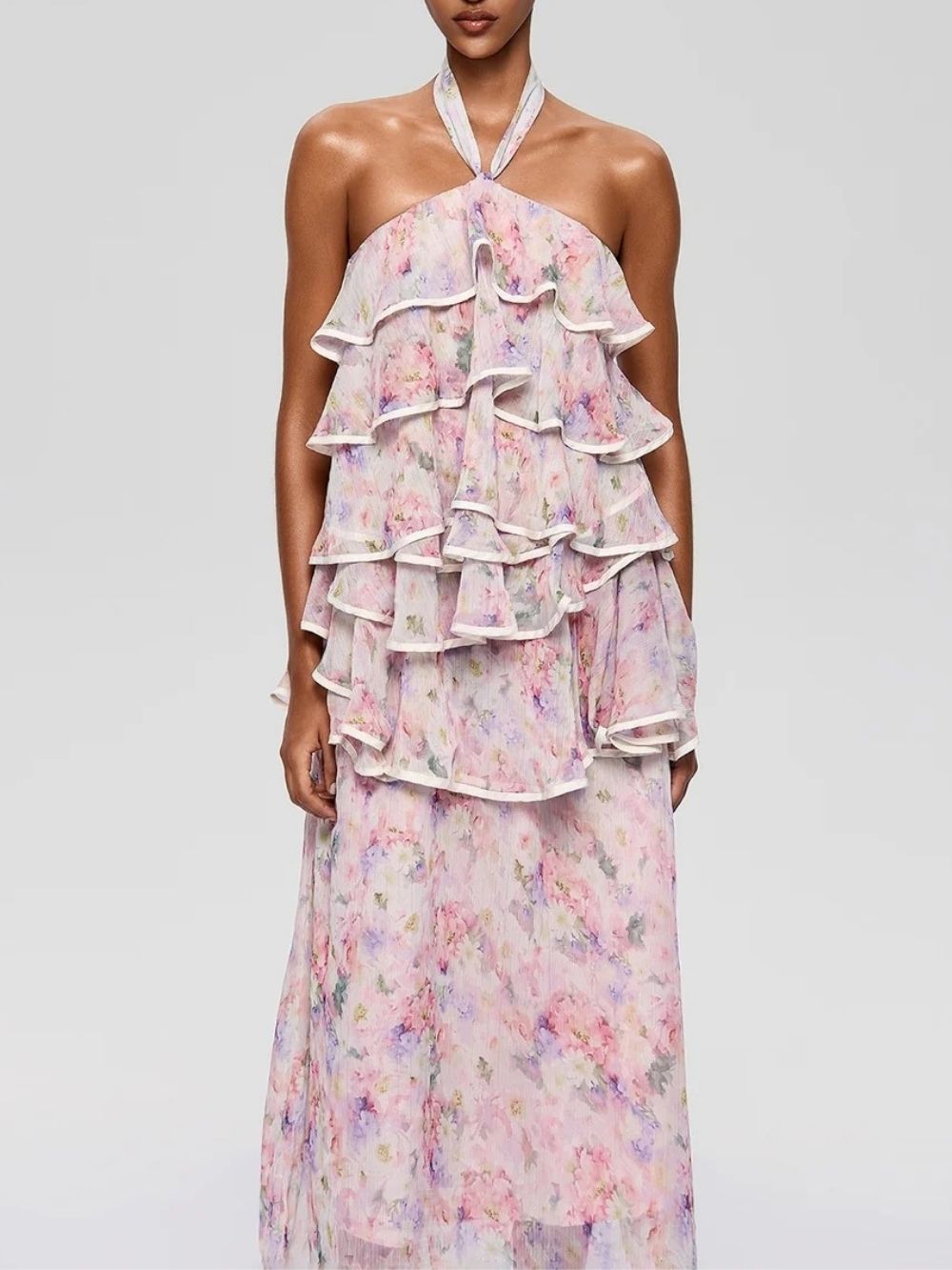 33944683931d692870114c5c69cd235d Bravonel Halterneck Tiered Floral Midi Dress