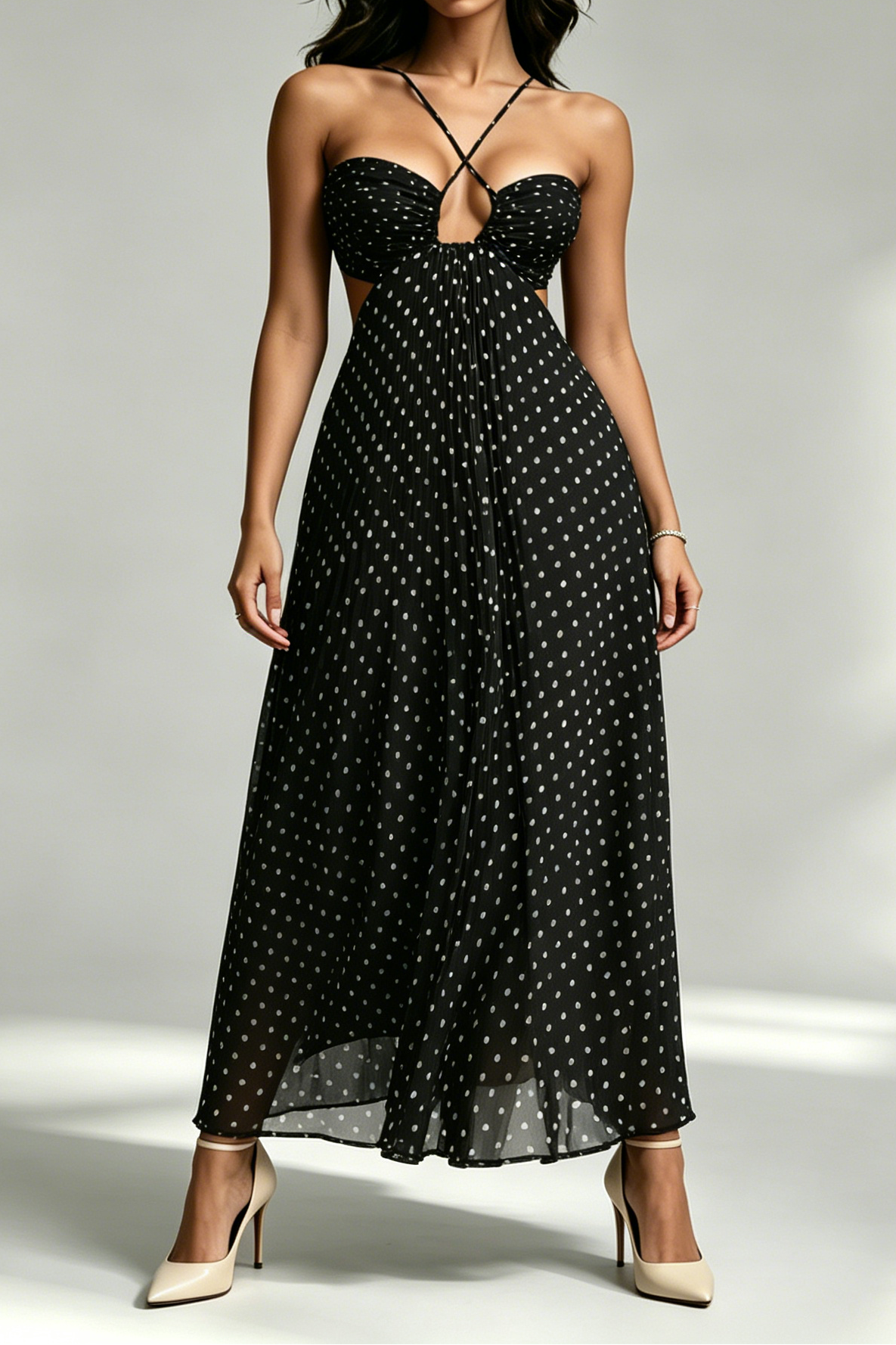Black White Polka Dot Crisscross Strappy Cutout Pleated Midi Dress - OWNCI Black White Polka Dot Crisscross Strappy Cutout Pleated Midi Dress - OWNCI