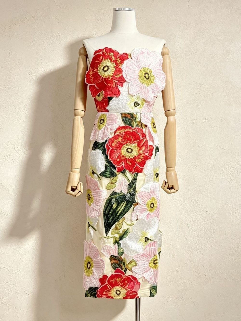 Masaye Strapless Flower Embroidery Midi Dress - OWNCI Masaye Strapless Flower Embroidery Midi Dress - OWNCI