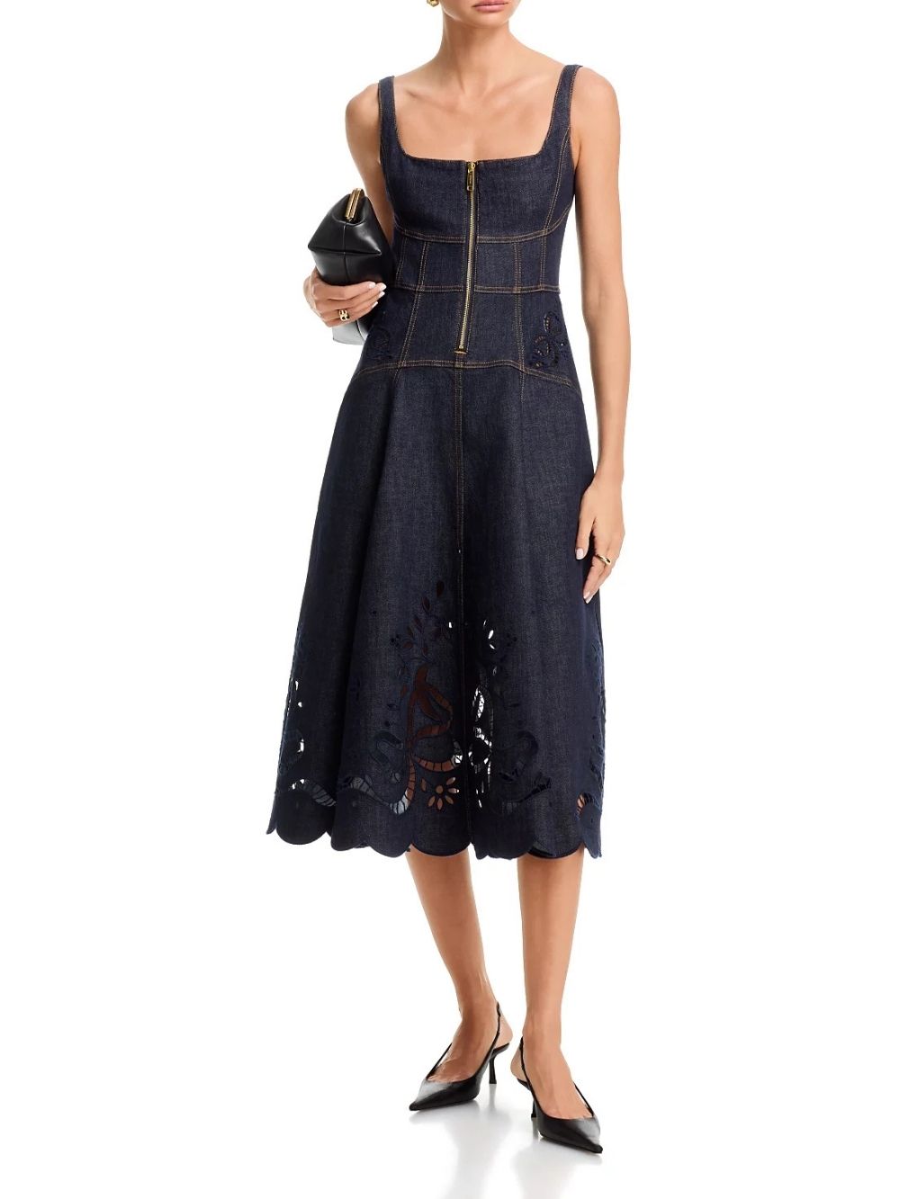 Indigo Denim Bow Embroidered Midi Dress - OWNCI Indigo Denim Bow Embroidered Midi Dress - OWNCI
