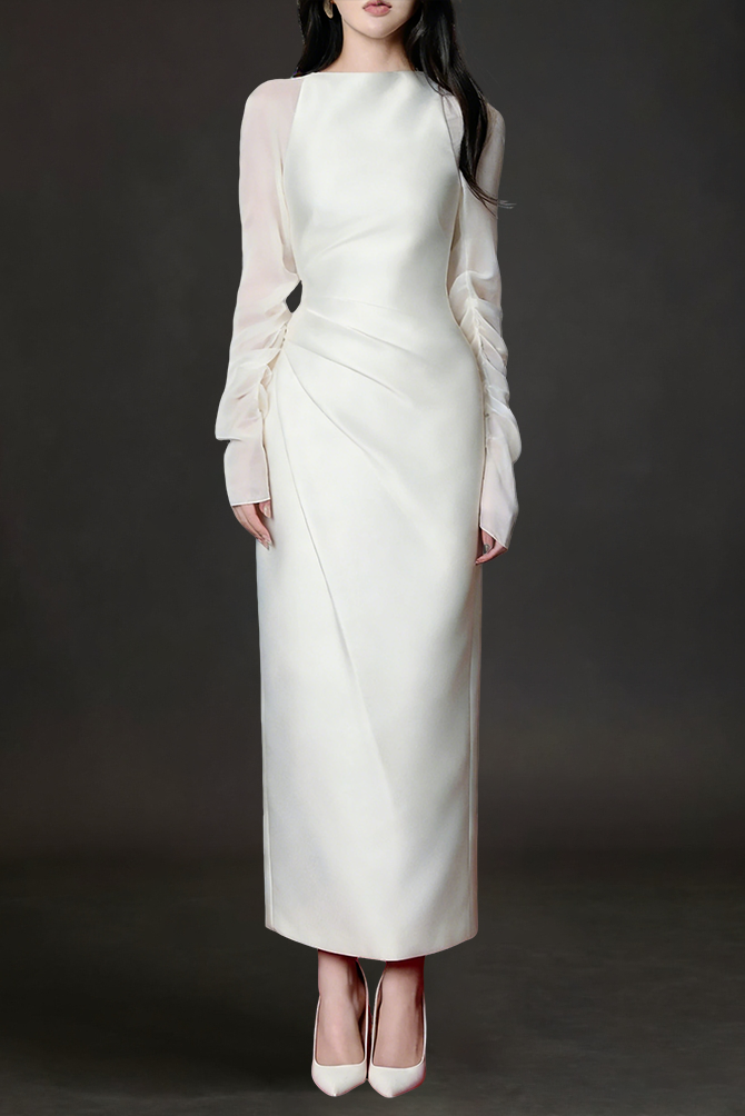 35bba568003aca160db6db6794ca2587 Griselda Boat Neck Gathered Midi Dress In Ivory