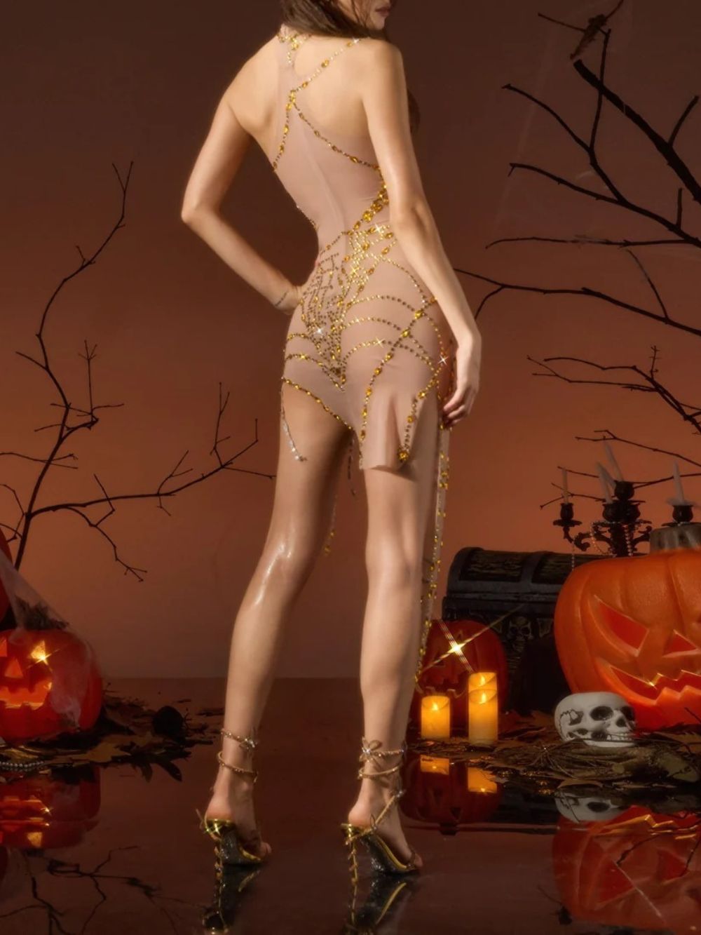 Siesen Halterneck Cobweb Mesh Dress In Gold - OWNCI