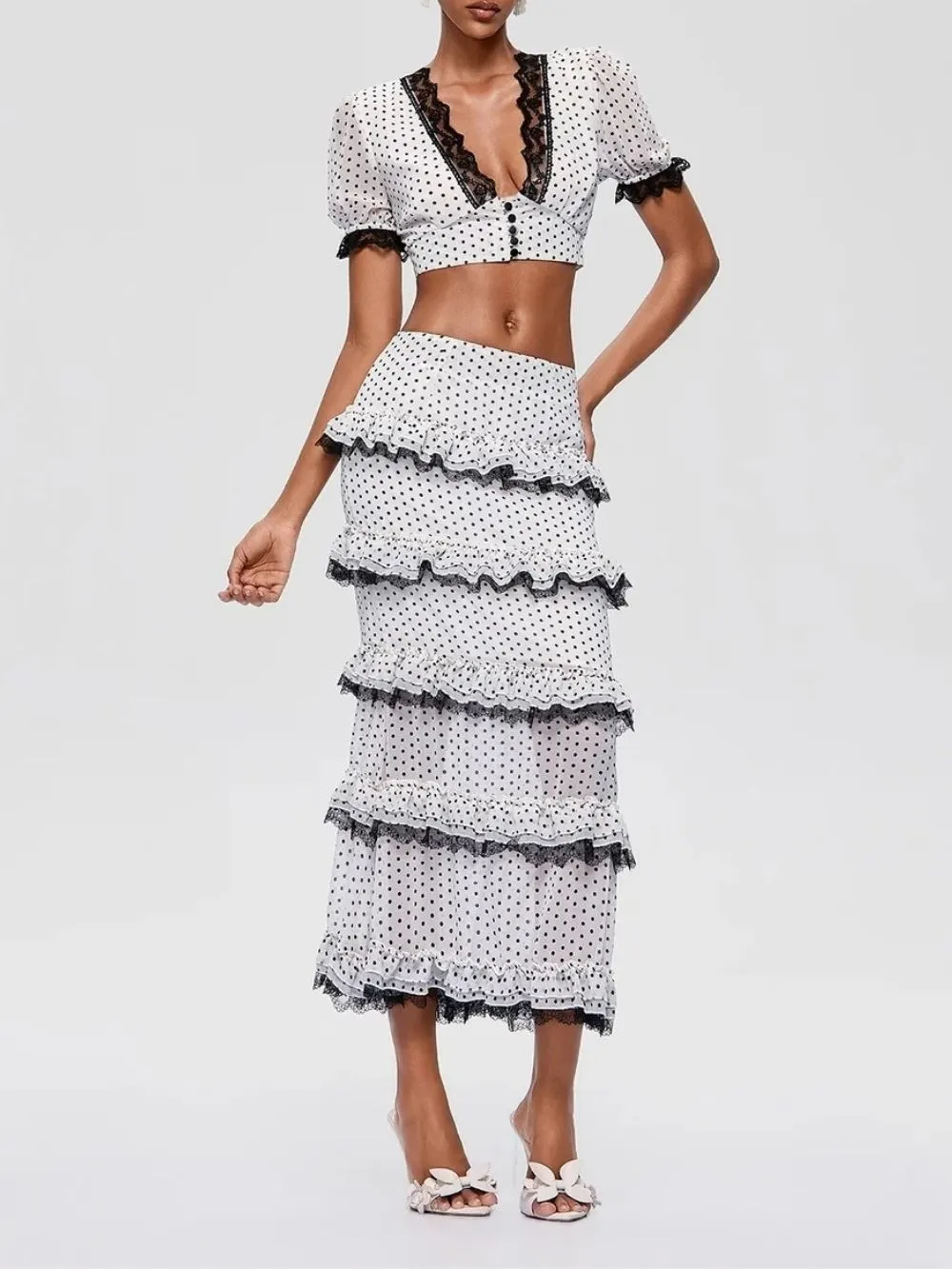 Franny V Neck Lace Ruffle Dot Skirt Set - OWNCI Franny V Neck Lace Ruffle Dot Skirt Set - OWNCI