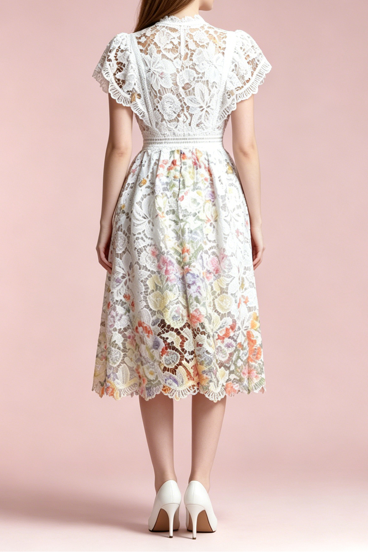 White Hollow Floral Lace Cap Sleeve Colorful Floral Lined A-Line Midi Dress - OWNCI