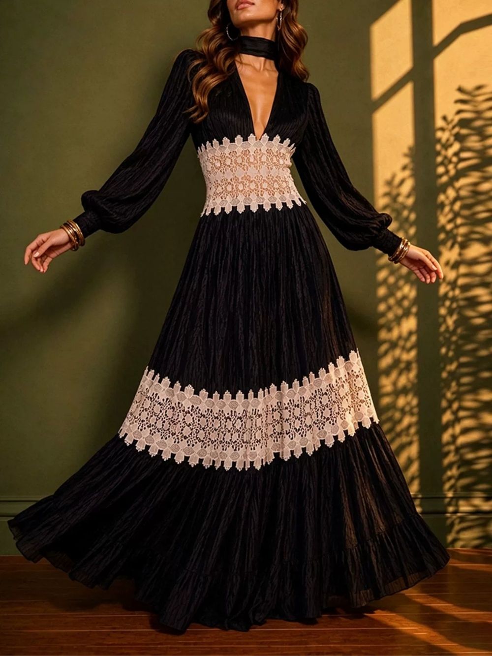 38c6ff04147de8f27e7e3e1fa32475c8 Mance Black Long Sleeve Lace Maxi Dress