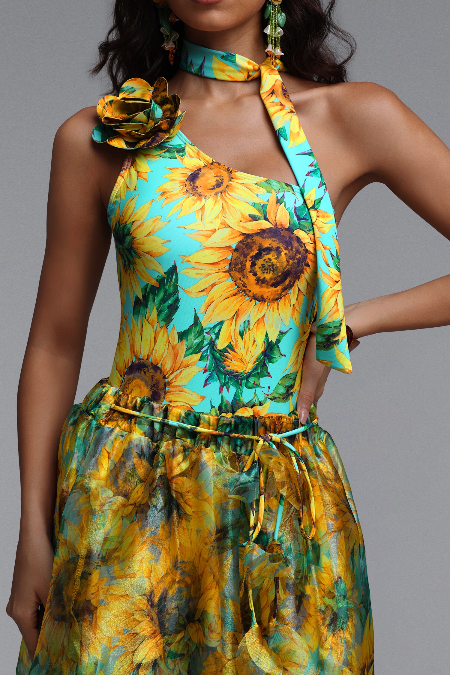 Sunflower Print One Shoulder Halter Choker One-Piece Swimsuit - OWNCI Sunflower Print One Shoulder Halter Choker One-Piece Swimsuit - OWNCI