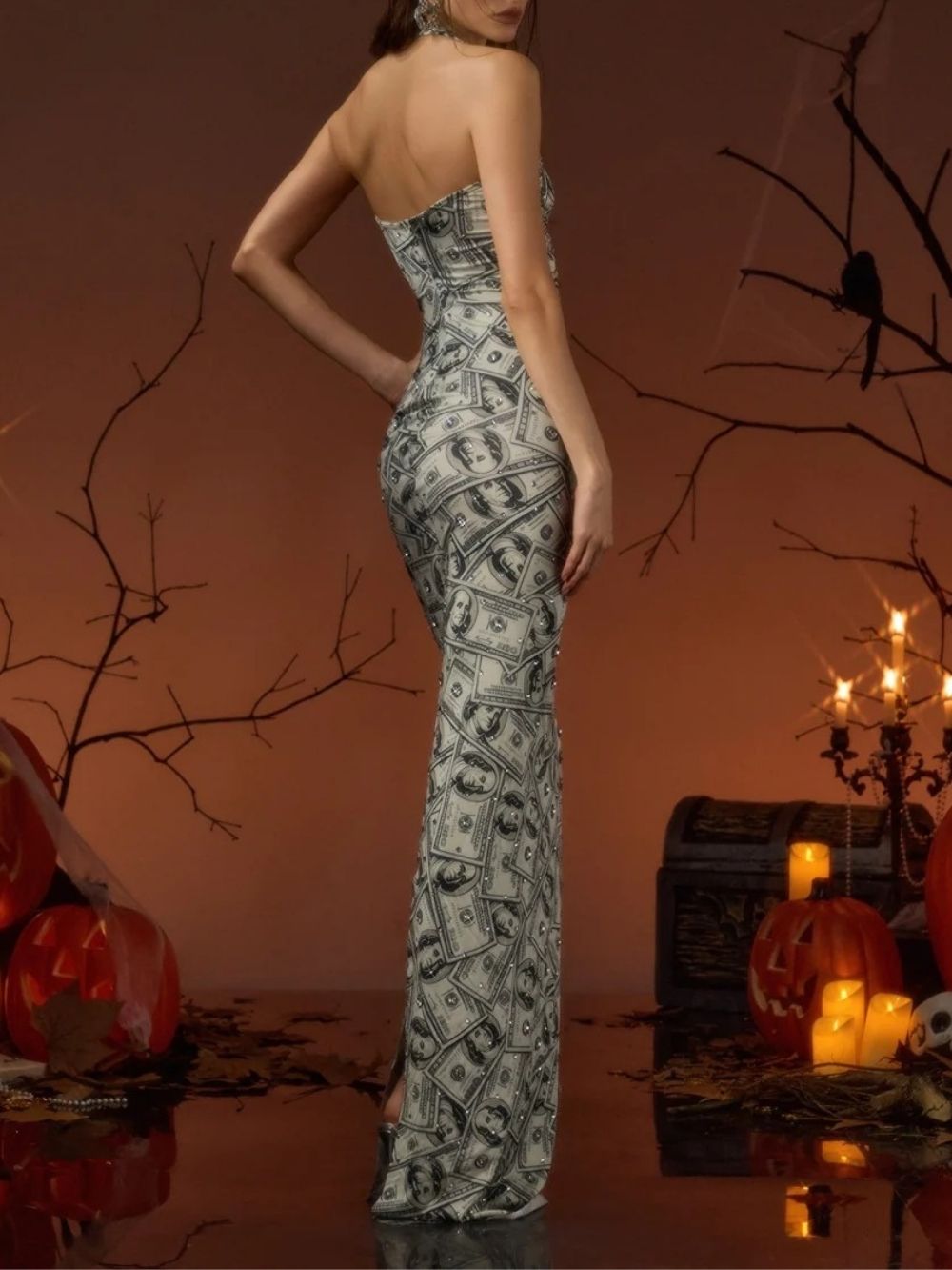 Pasmira V Neck Printed Rhinestone Maxi Dress - OWNCI