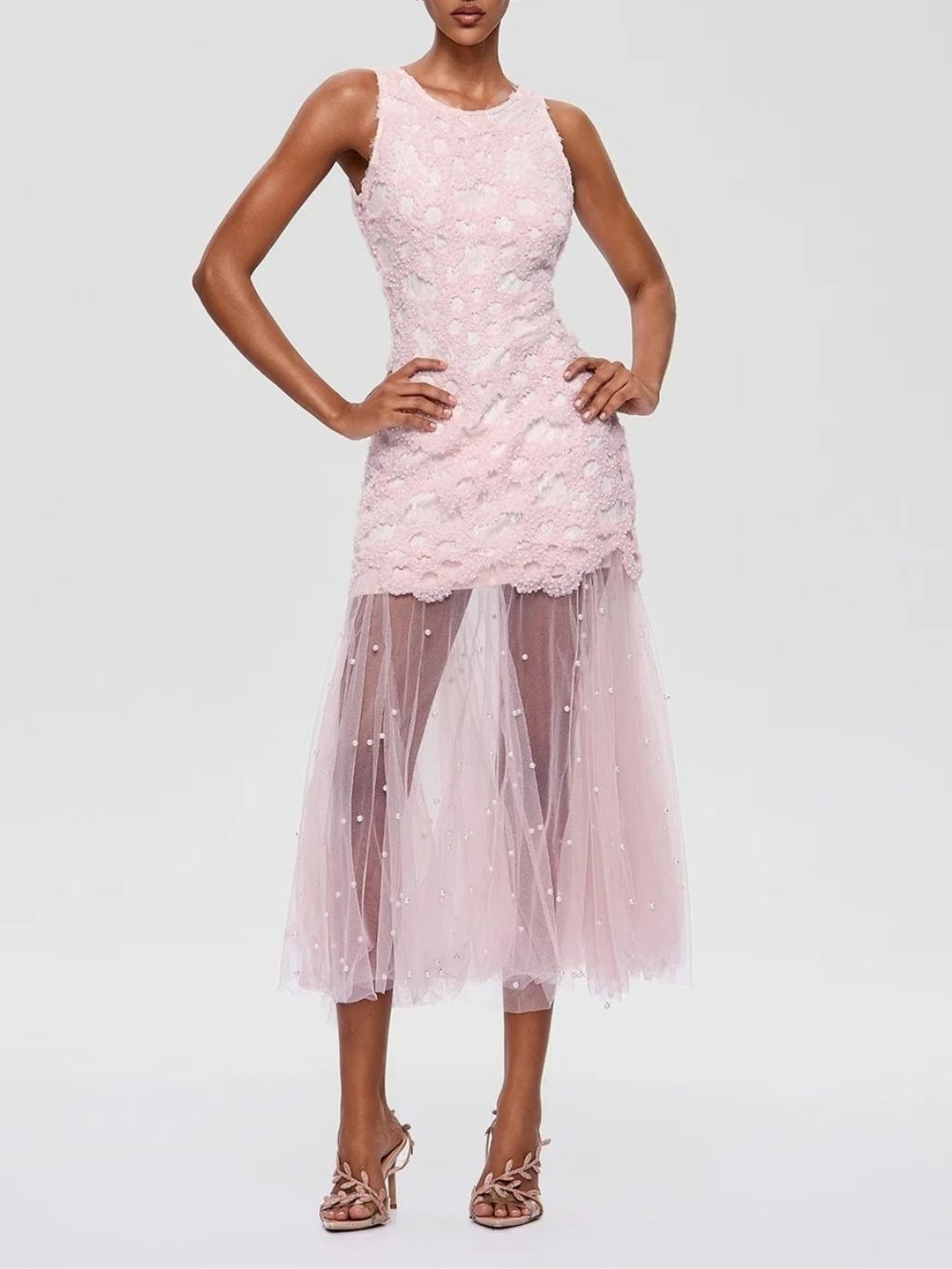 Kryndel Sleeveless Pearl Mesh Midi Dress - OWNCI