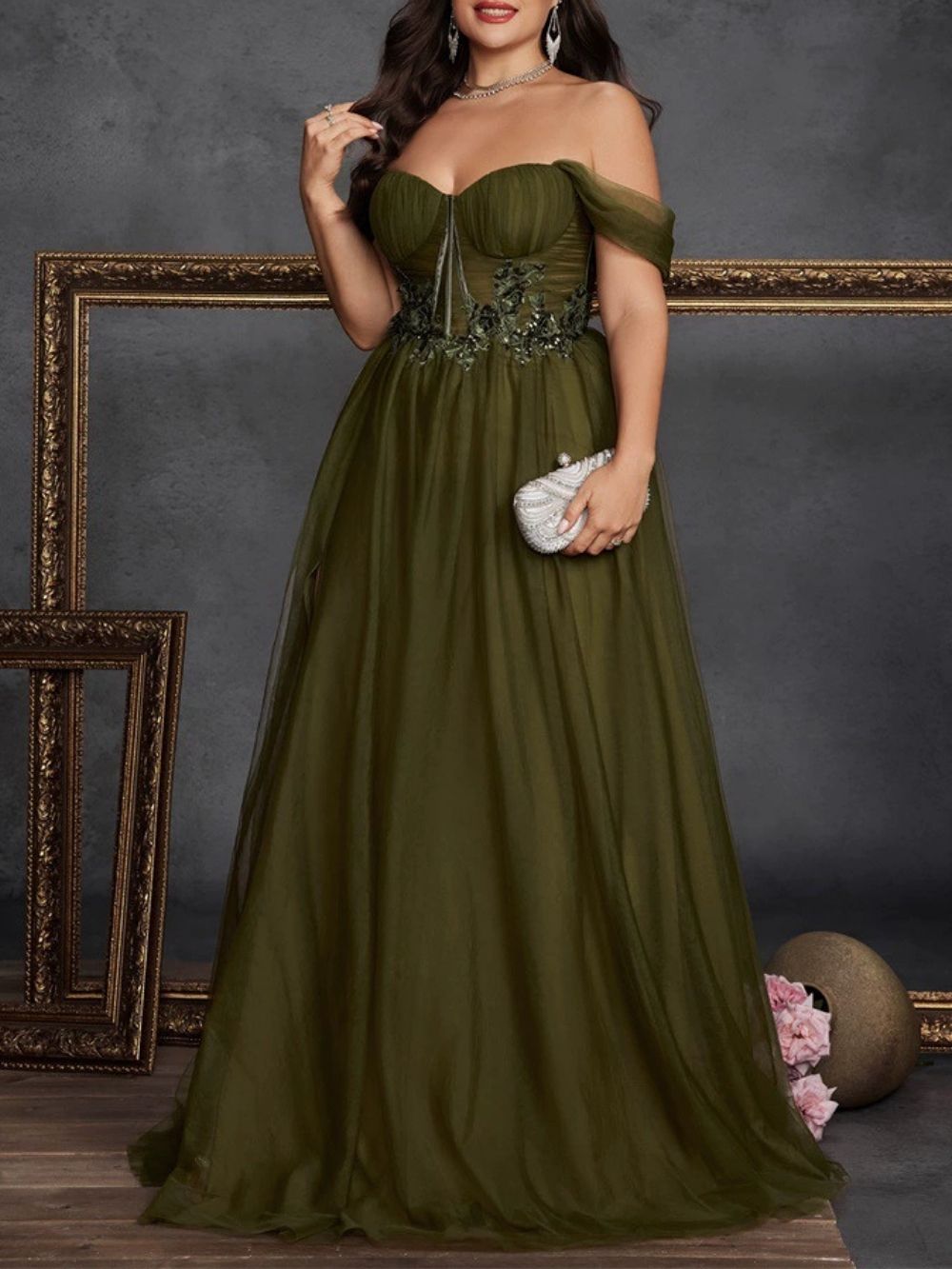 Marella Green Off Shoulder Plus Size Maxi Dress - OWNCI Marella Green Off Shoulder Plus Size Maxi Dress - OWNCI