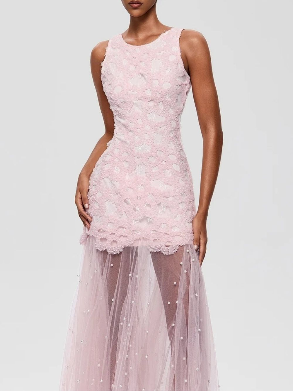 Kryndel Sleeveless Pearl Mesh Midi Dress - OWNCI