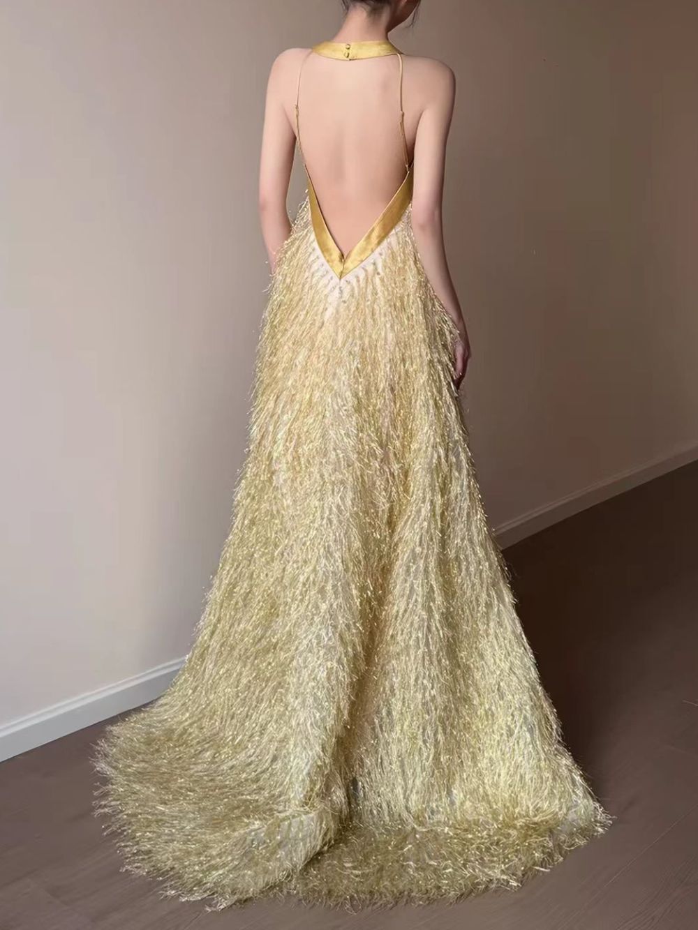 Martirio Gold Halter Maxi Dress - OWNCI