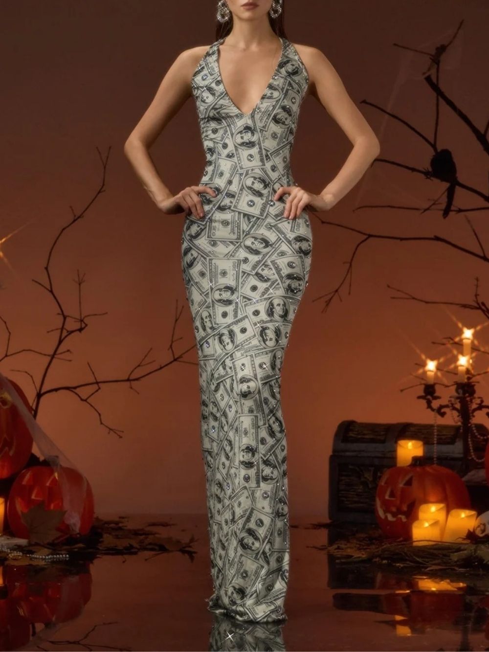 Pasmira V Neck Printed Rhinestone Maxi Dress - OWNCI Pasmira V Neck Printed Rhinestone Maxi Dress - OWNCI