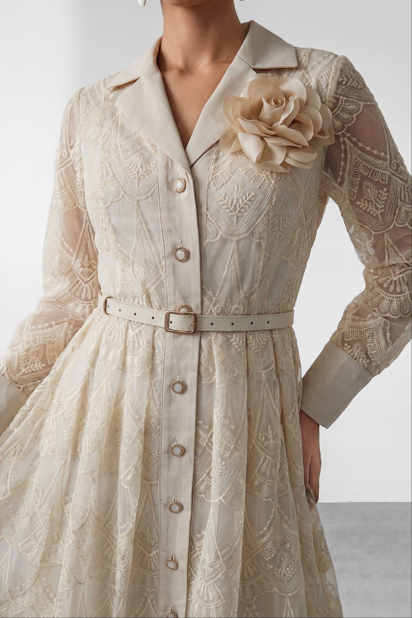 Cream Embroidery Lapel Long Sleeve Belted Midi Shirt Dress With 3D Rose Brooch - OWNCI